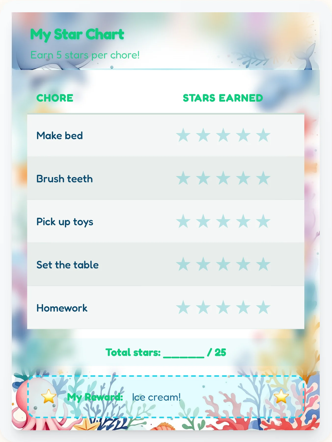 Dainty Ocean Star Tracker - printable ocean chore chart