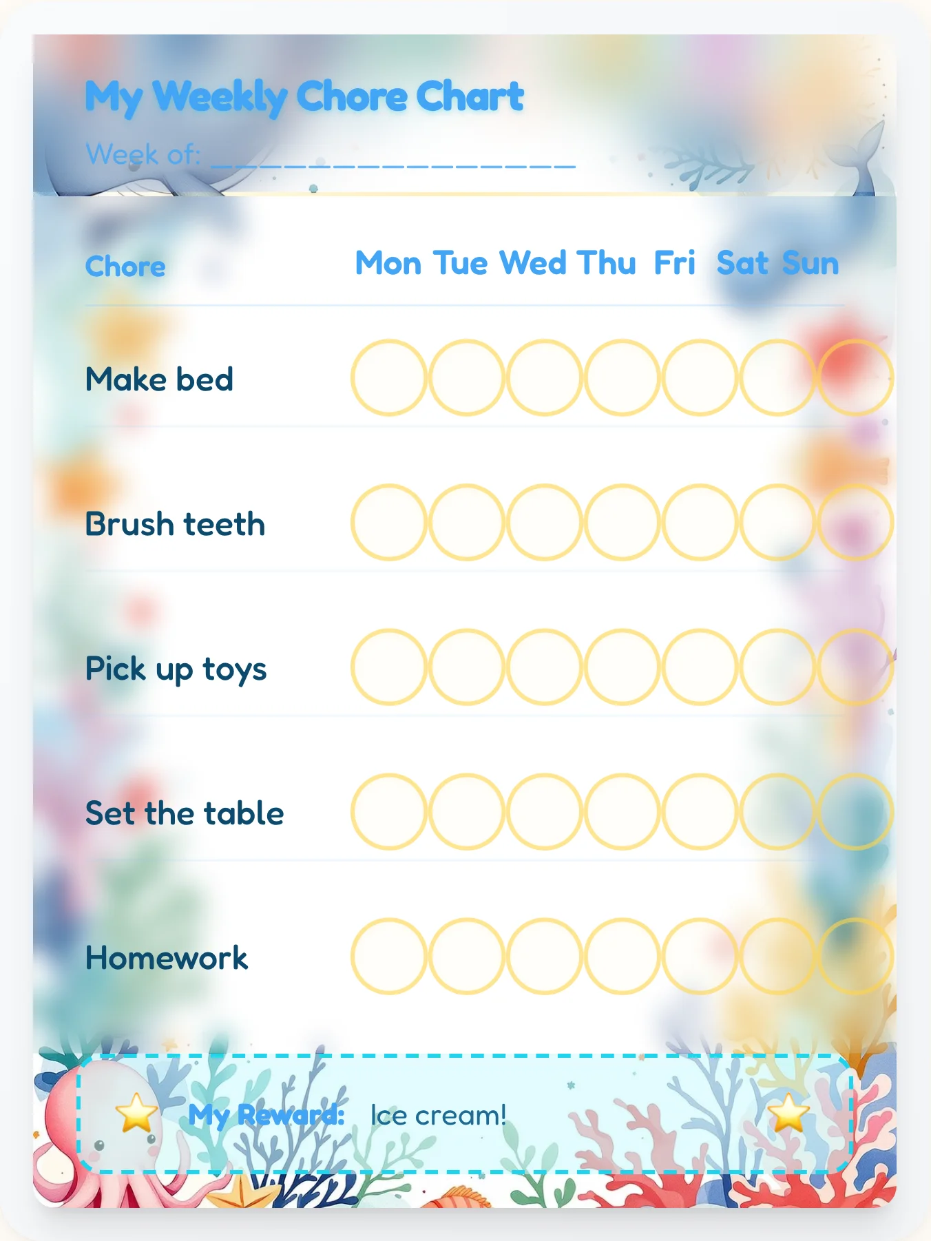 Beach Day Doodle Chore Chart - printable ocean chore chart