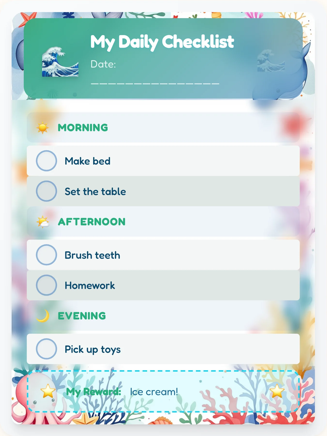 Dainty Ocean Day Tracker - printable ocean chore chart