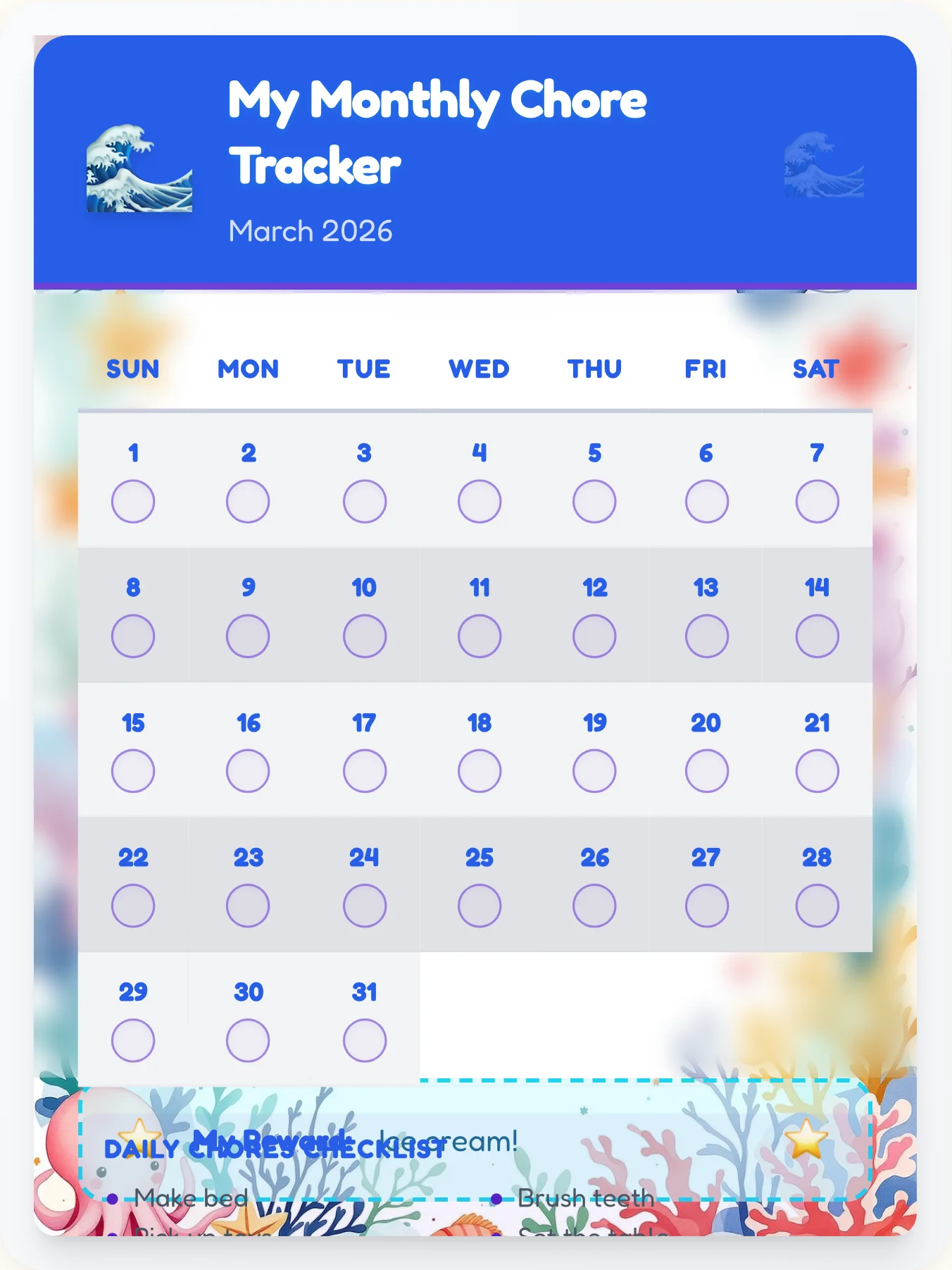 Luminous Ocean Calendar Board - printable ocean chore chart
