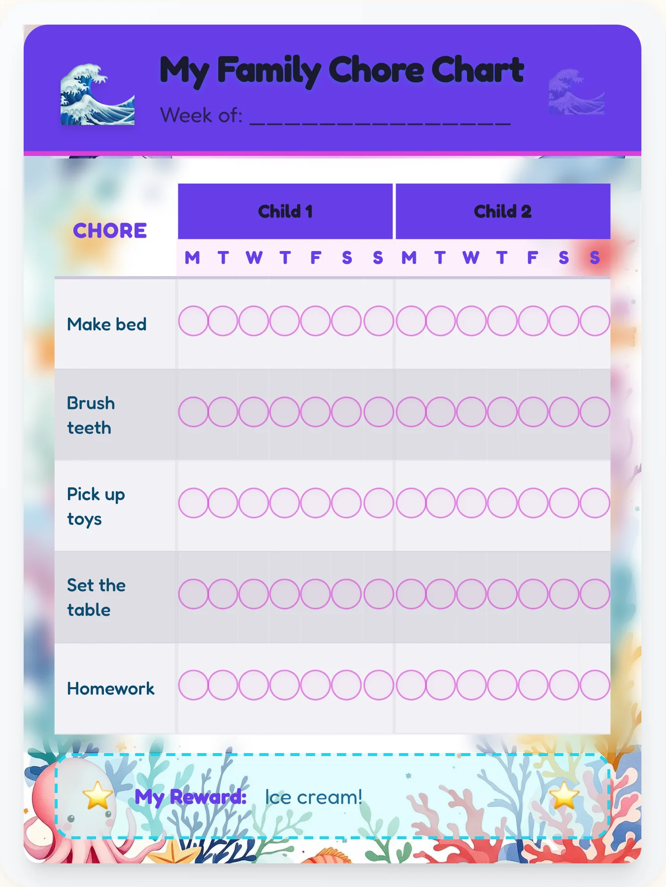 Peaceful Ocean Multi-Kid Tracker - printable ocean chore chart