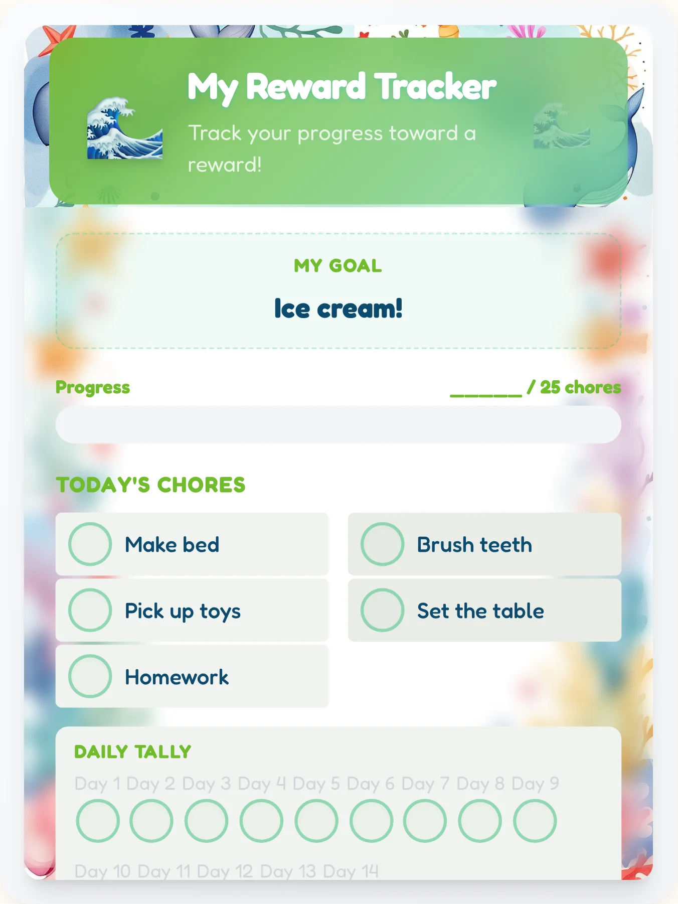 Quiet Ocean Points Tracker - printable ocean chore chart