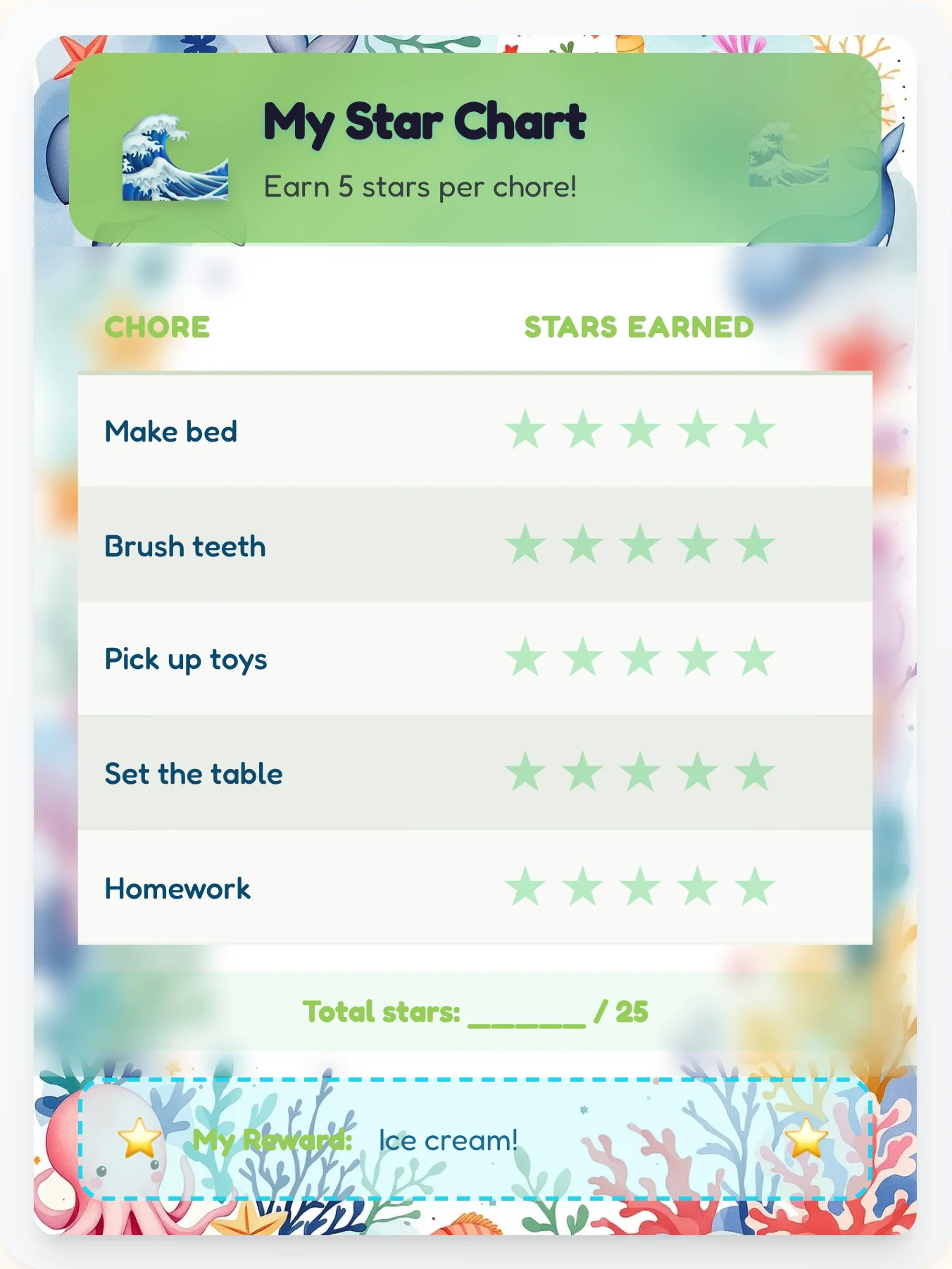 Quiet Ocean Star Chart - printable ocean chore chart