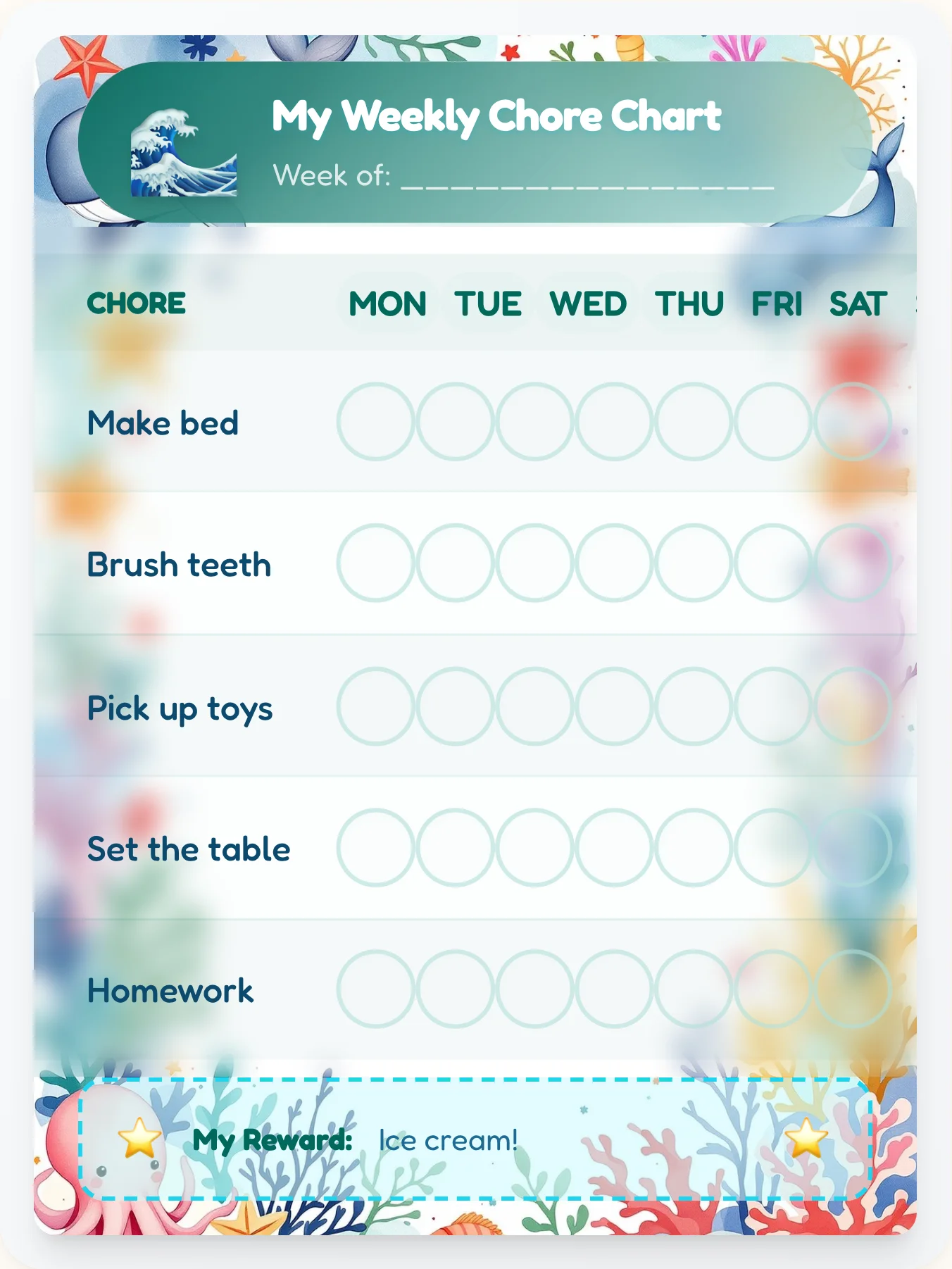 Deep Current Chore Chart - printable ocean chore chart