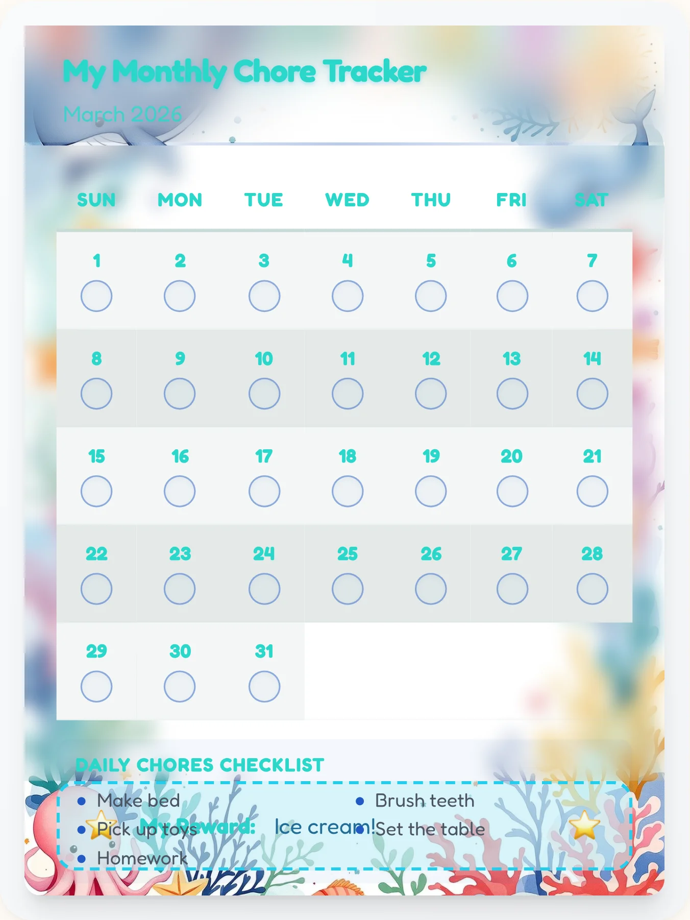 Gentle Ocean Monthly Grid - printable ocean chore chart