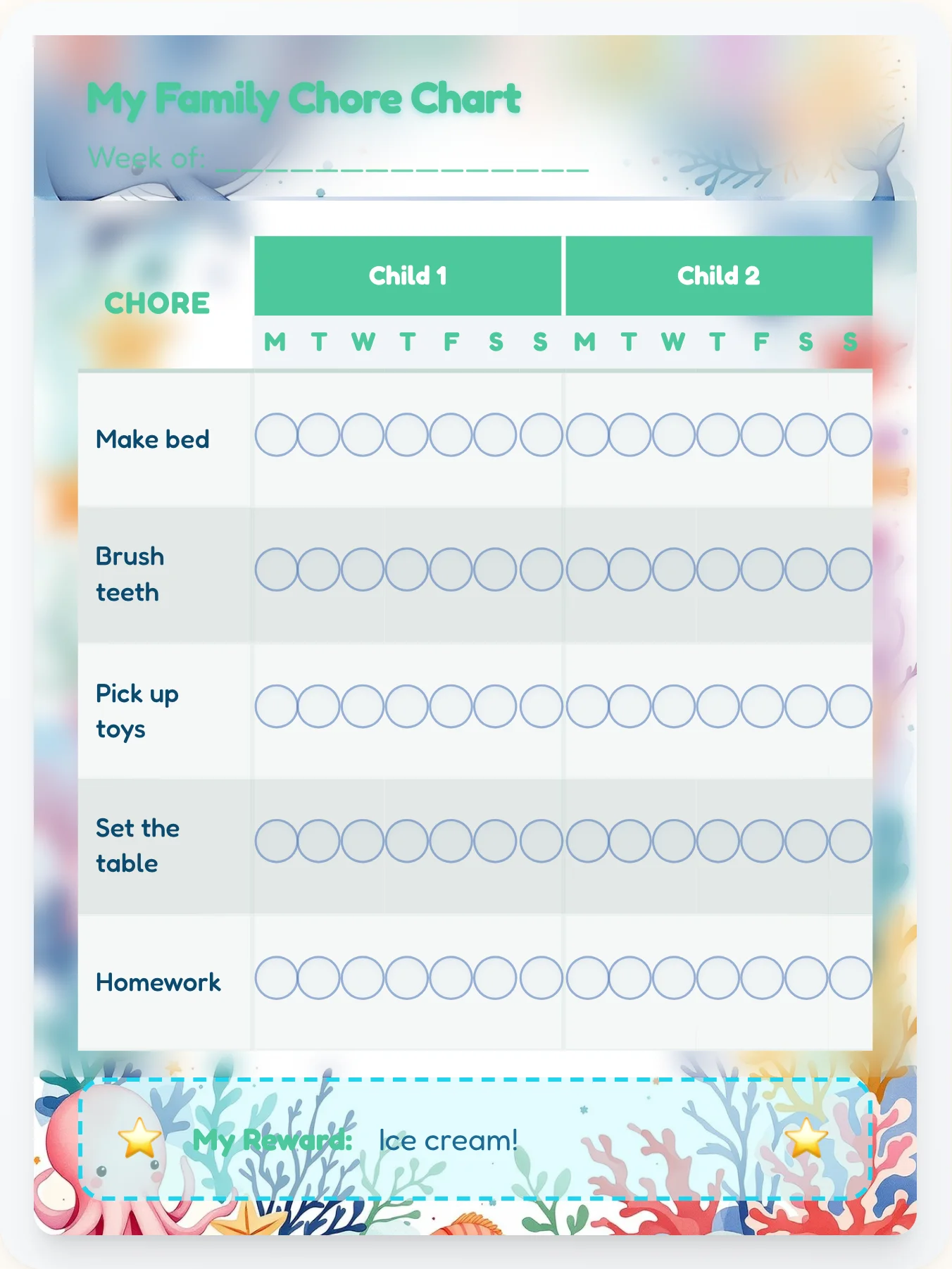 Dainty Ocean Family Chart - printable ocean chore chart