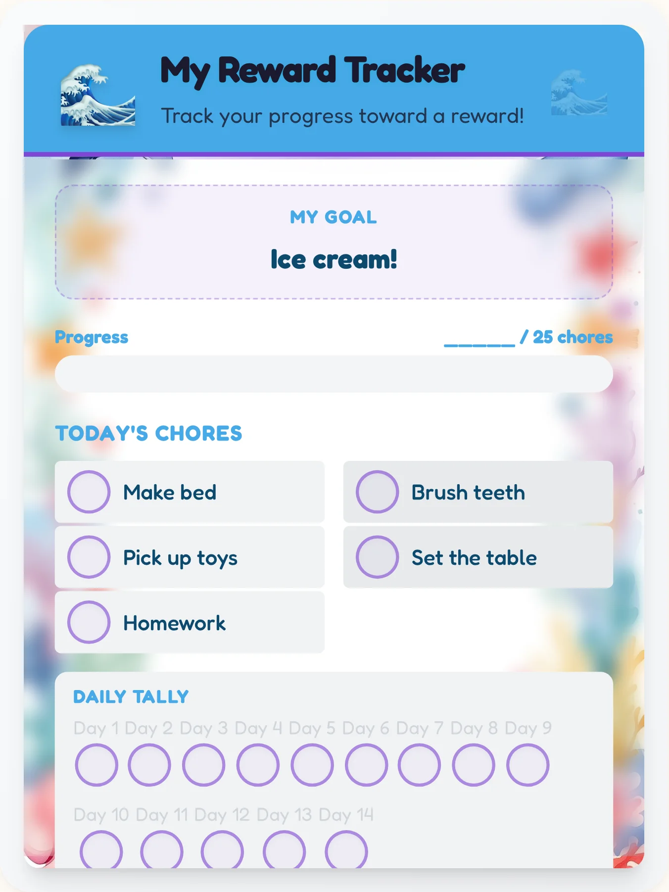 Joyful Ocean Achievement Board - printable ocean chore chart