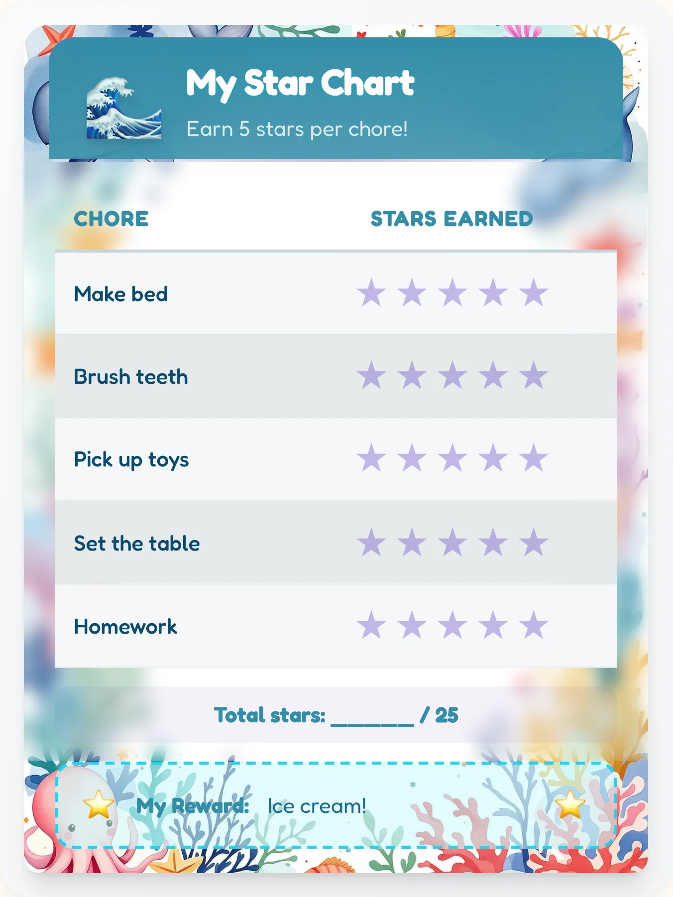 Inspiring Ocean Star Chart - printable ocean chore chart