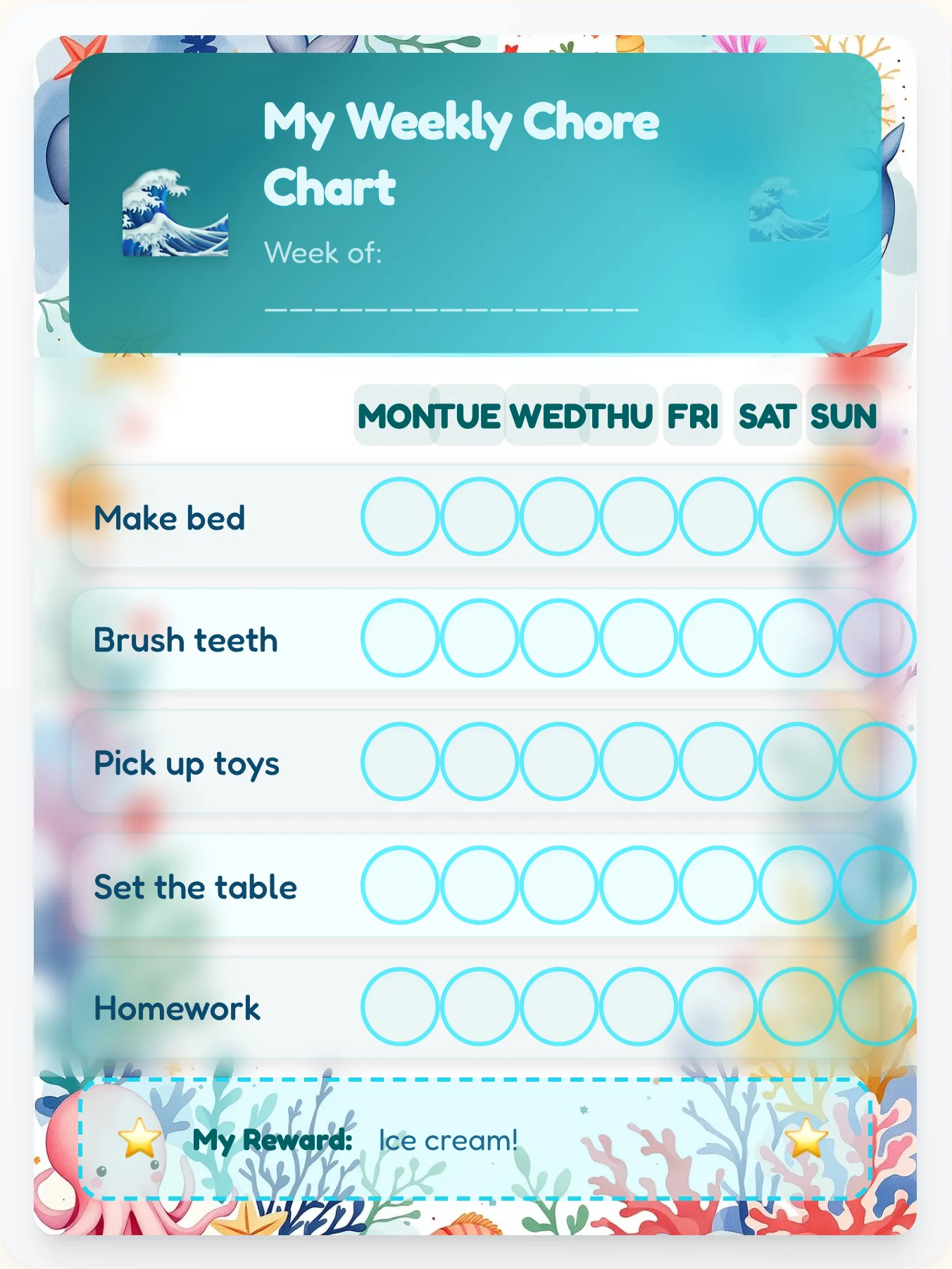 Abyssal Blue Chore Chart - printable ocean chore chart