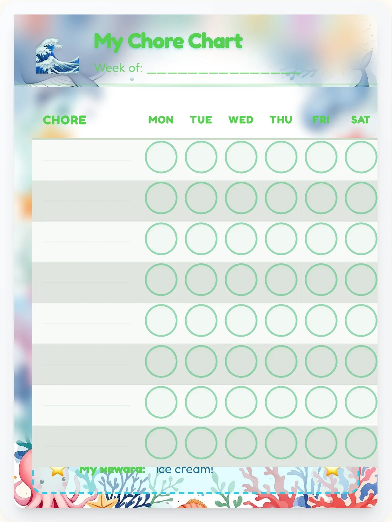 Tender Ocean Custom Chart - printable ocean chore chart