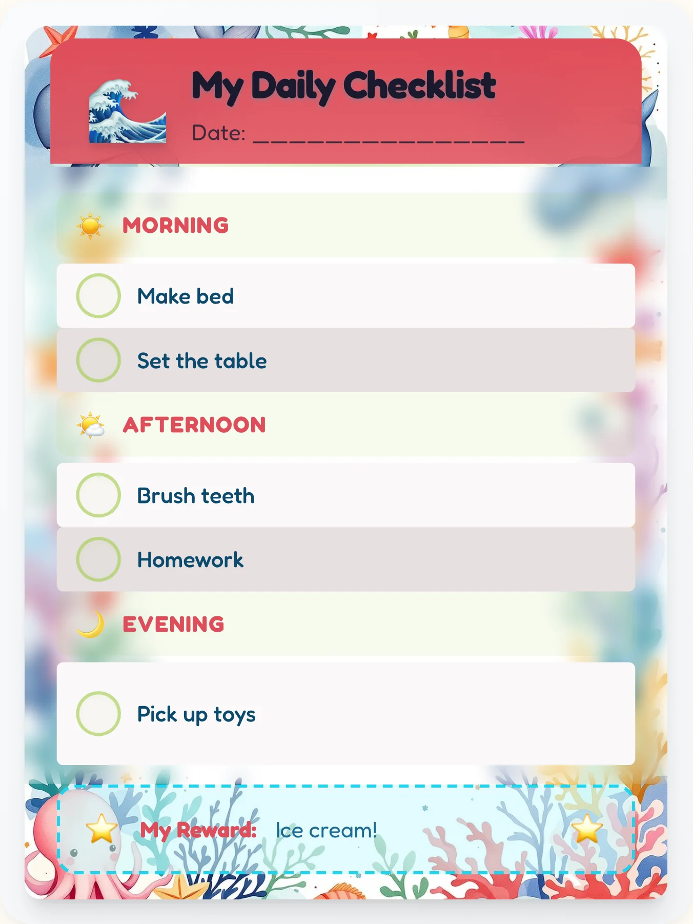 Glossy Ocean Daily Log - printable ocean chore chart