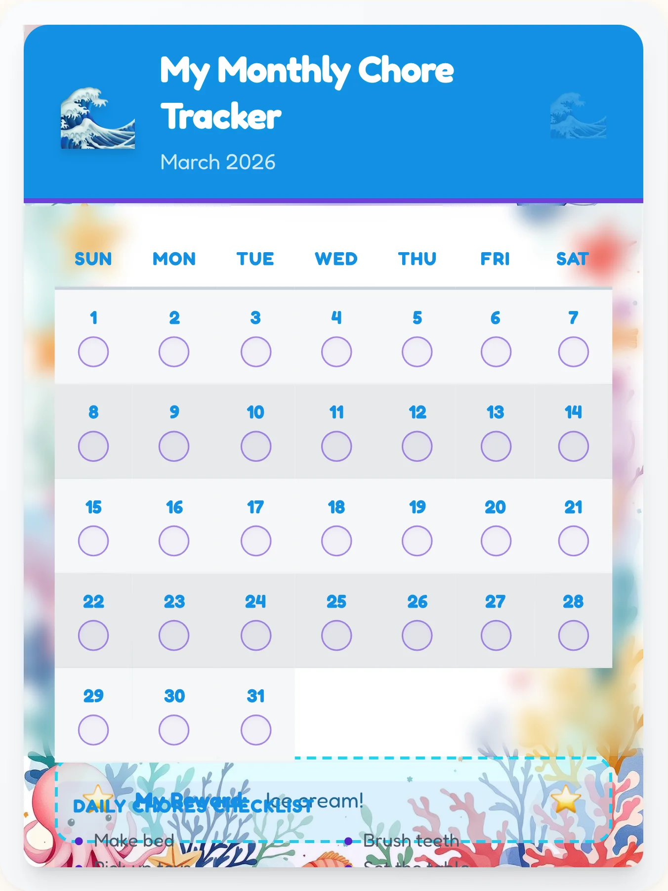 Joyful Ocean Calendar Chart - printable ocean chore chart