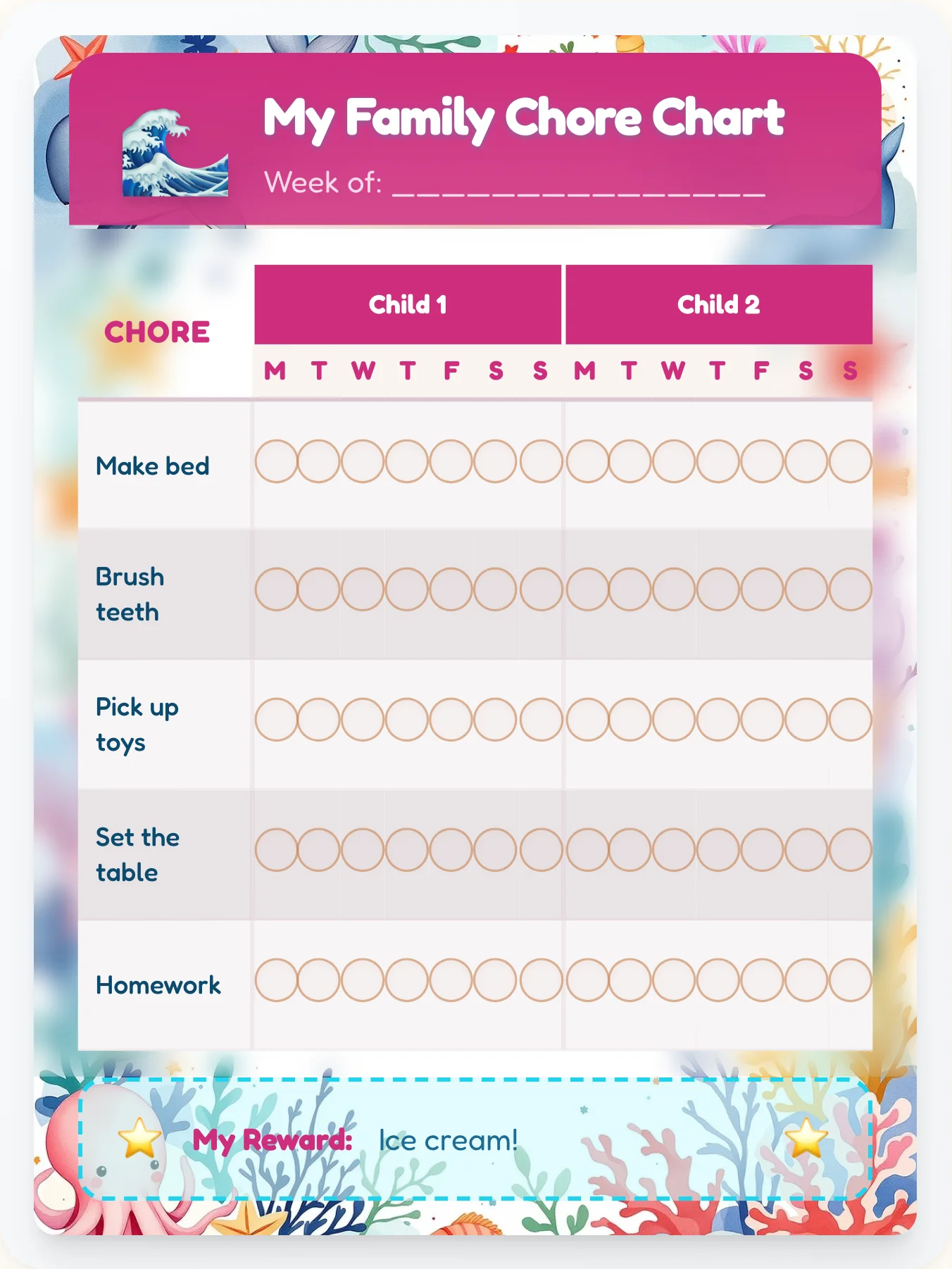 Delicate Ocean Multi-Kid Tracker - printable ocean chore chart
