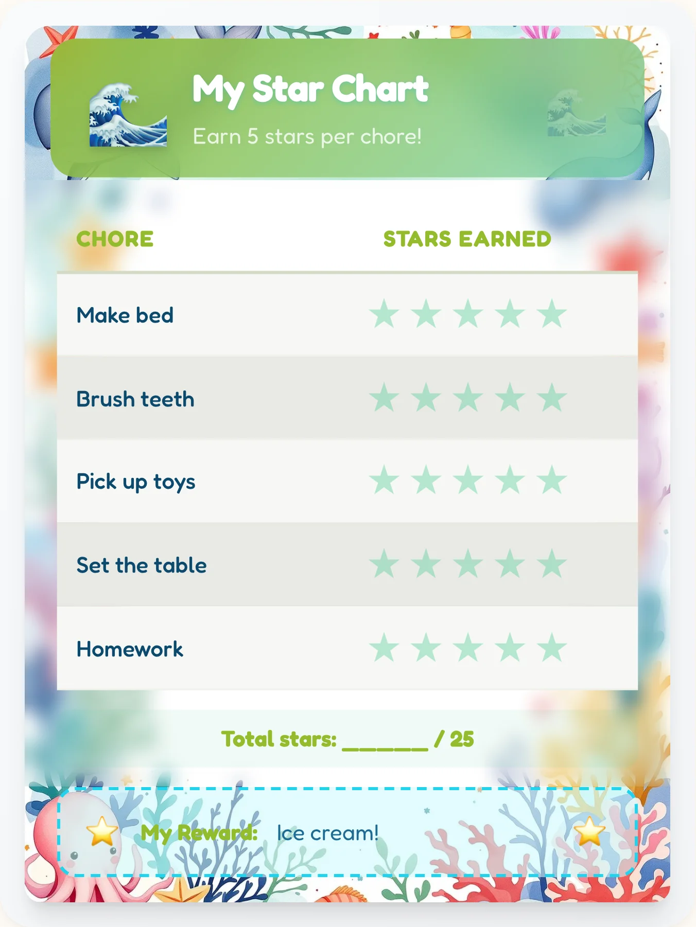 Noble Ocean Star Board - printable ocean chore chart