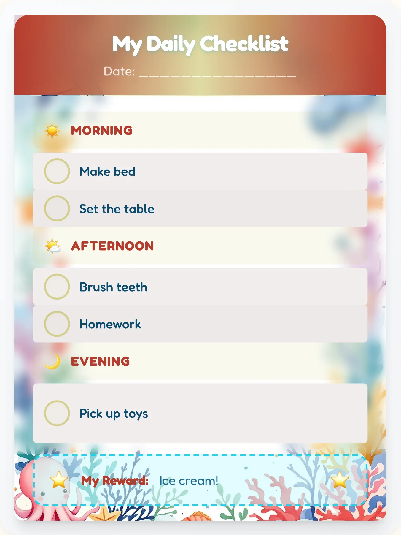 Bright Ocean Day Tracker - printable ocean chore chart