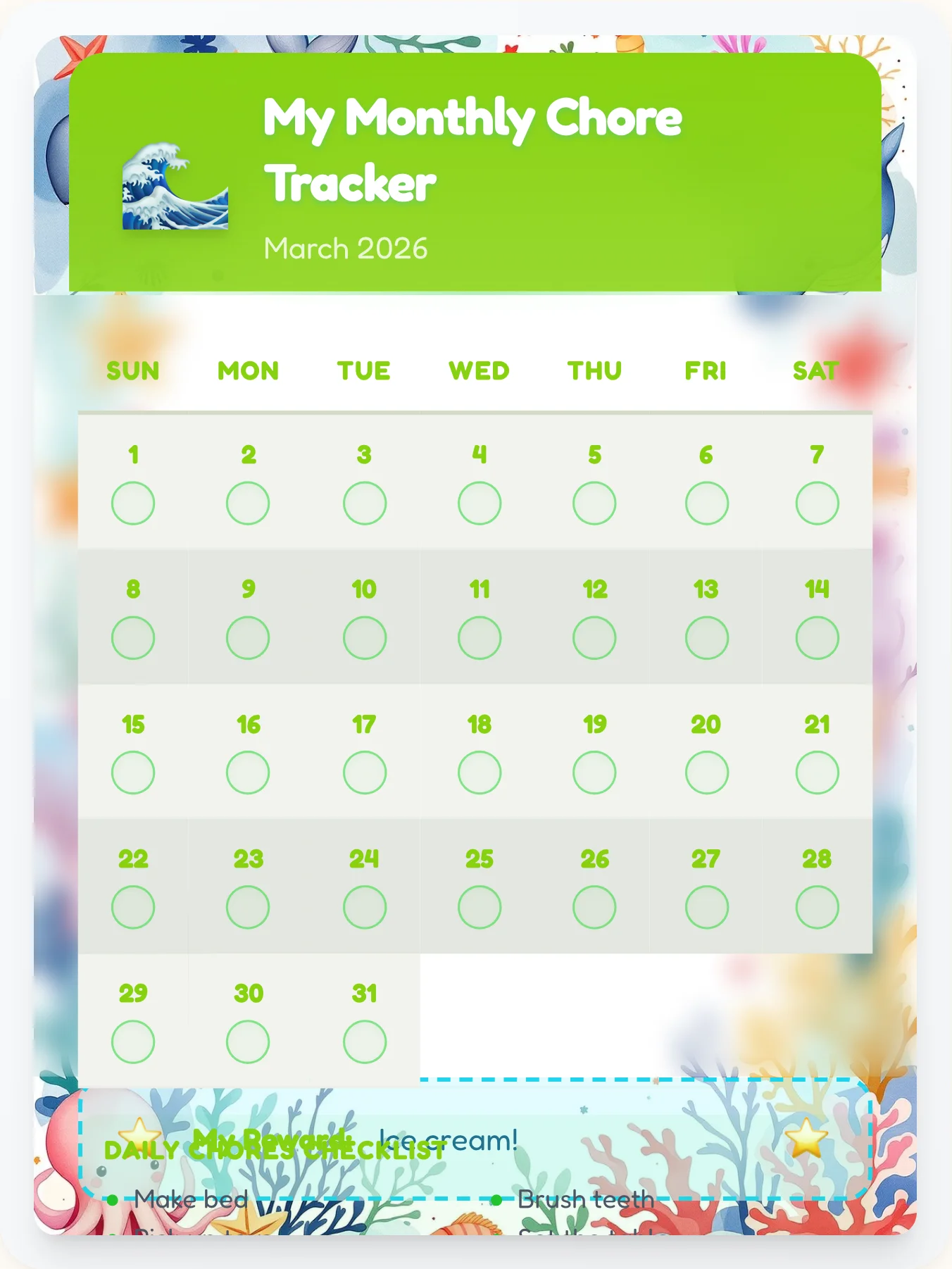 Hazy Ocean Calendar Chart - printable ocean chore chart