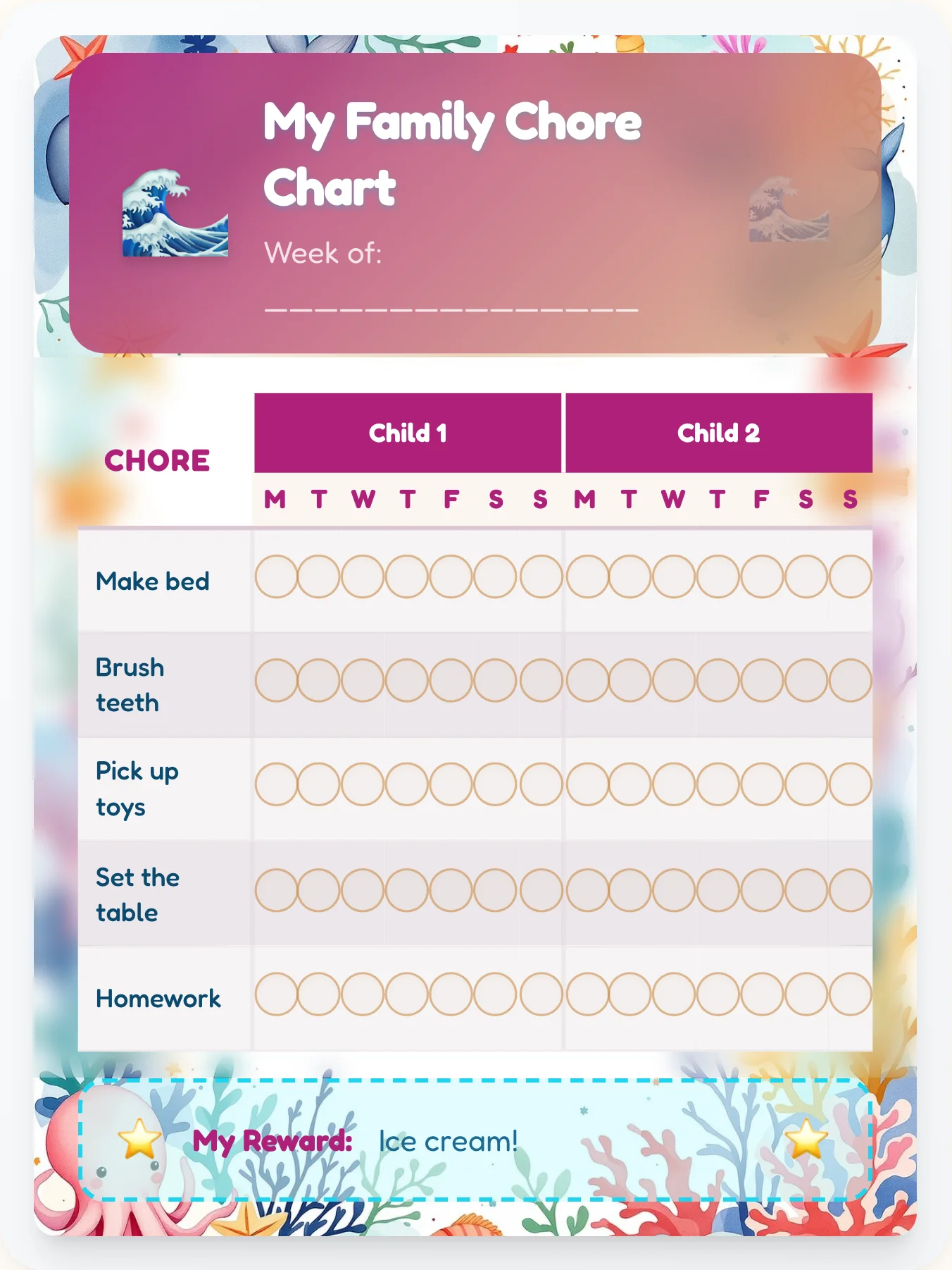 Calm Ocean Team Chart - printable ocean chore chart