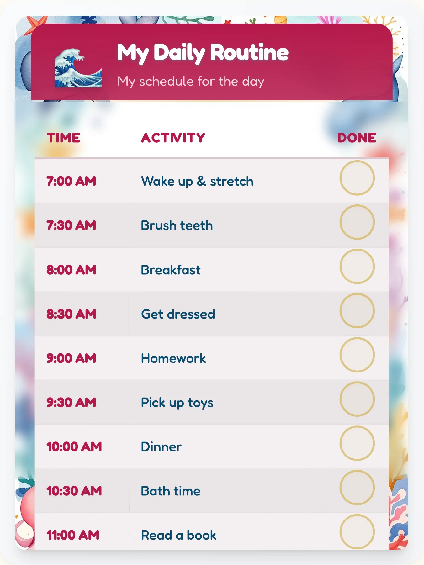 Electric Ocean Routine Board - printable ocean chore chart