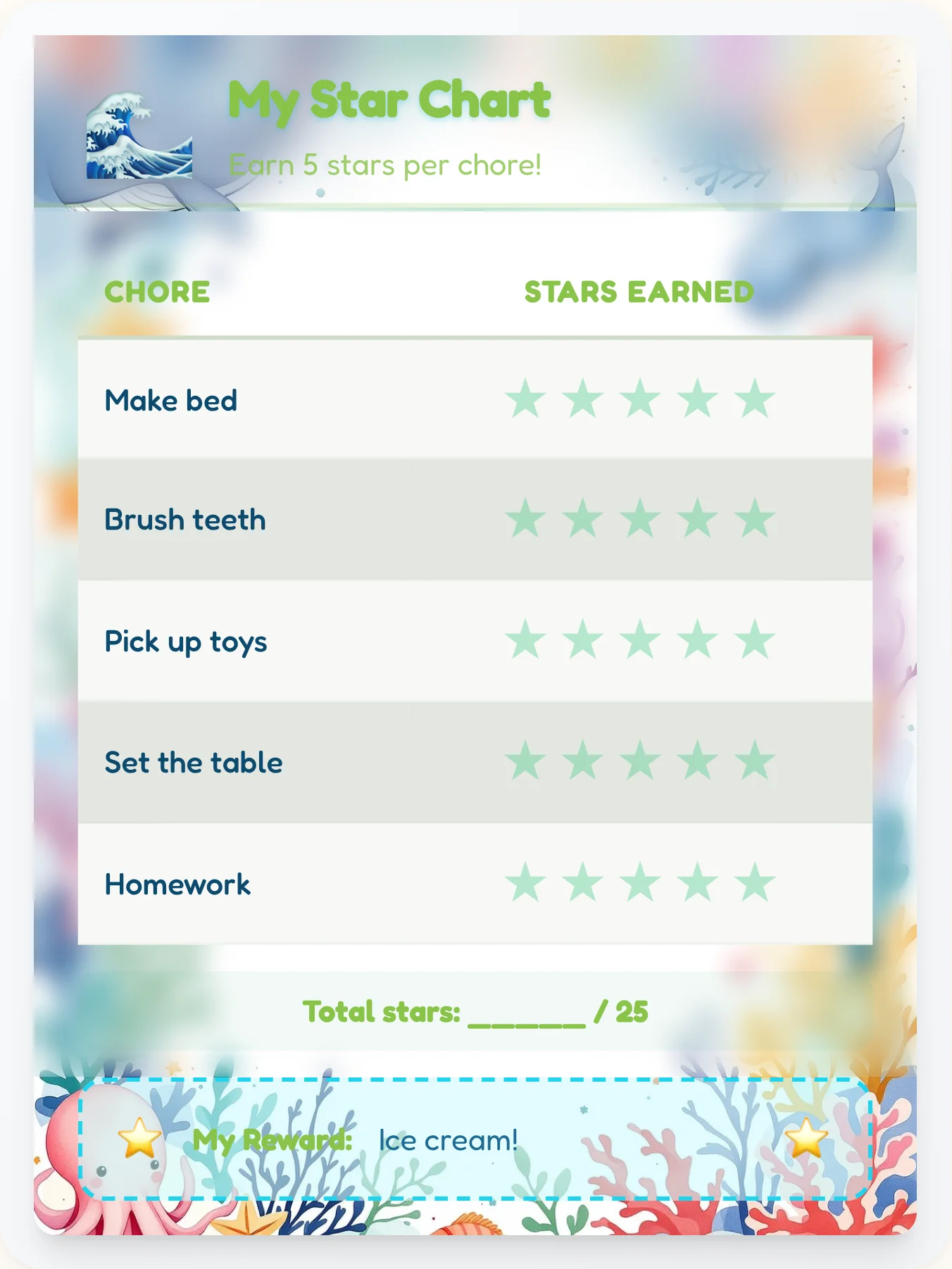 Quiet Ocean Star Chart - printable ocean chore chart