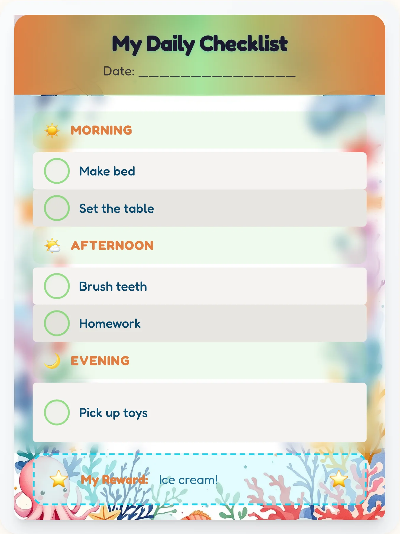 Dreamy Ocean Daily Log - printable ocean chore chart