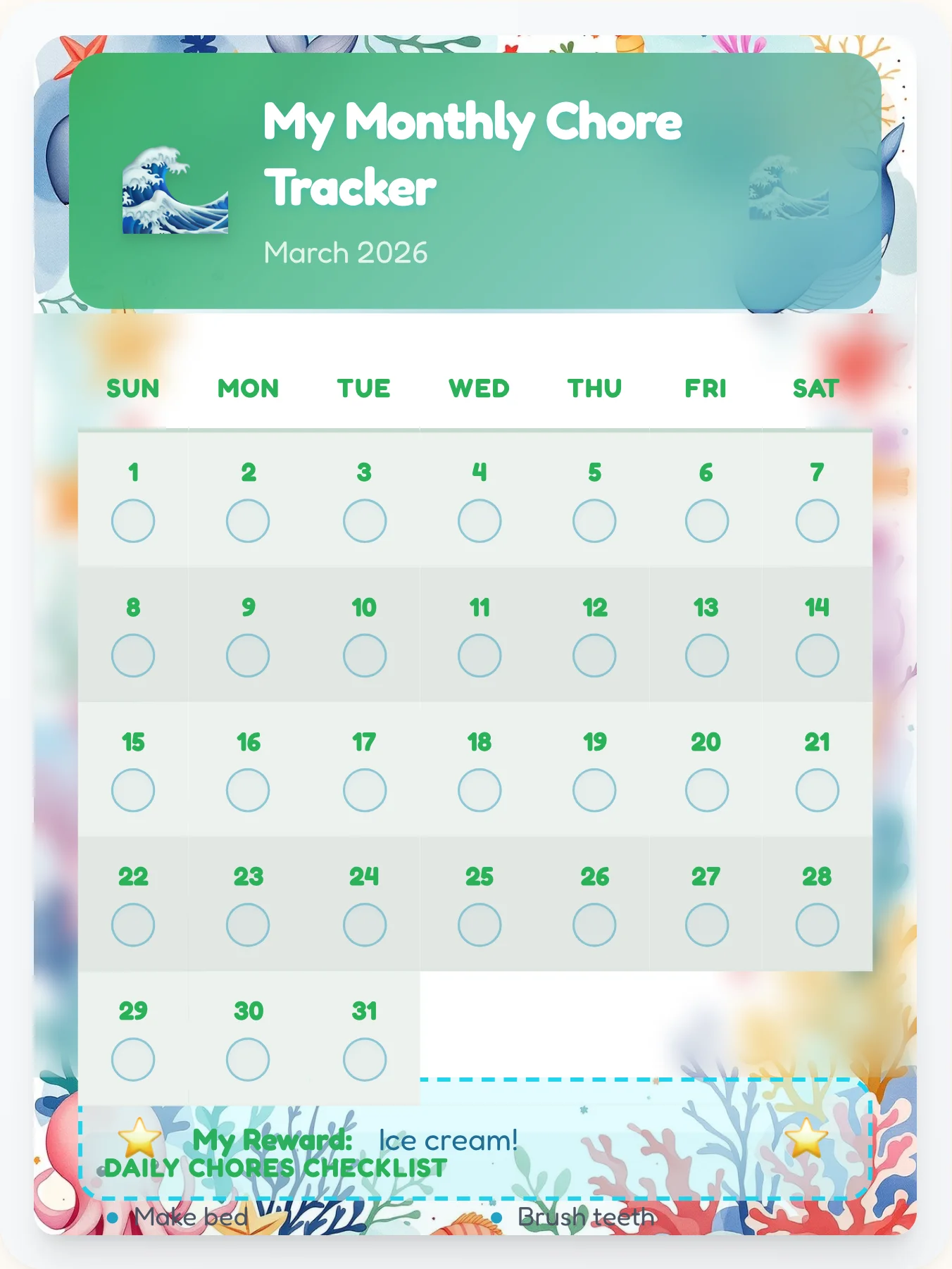 Zen Ocean Month View - printable ocean chore chart