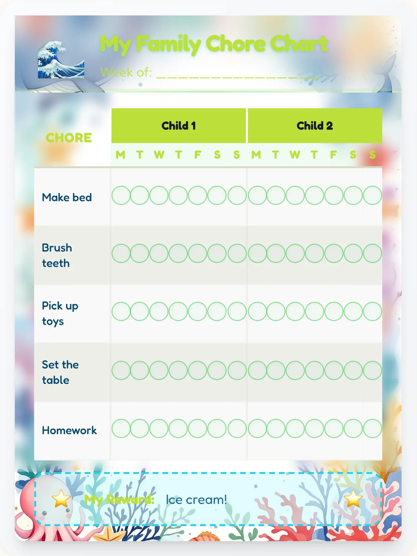 Noble Ocean Group Planner - printable ocean chore chart