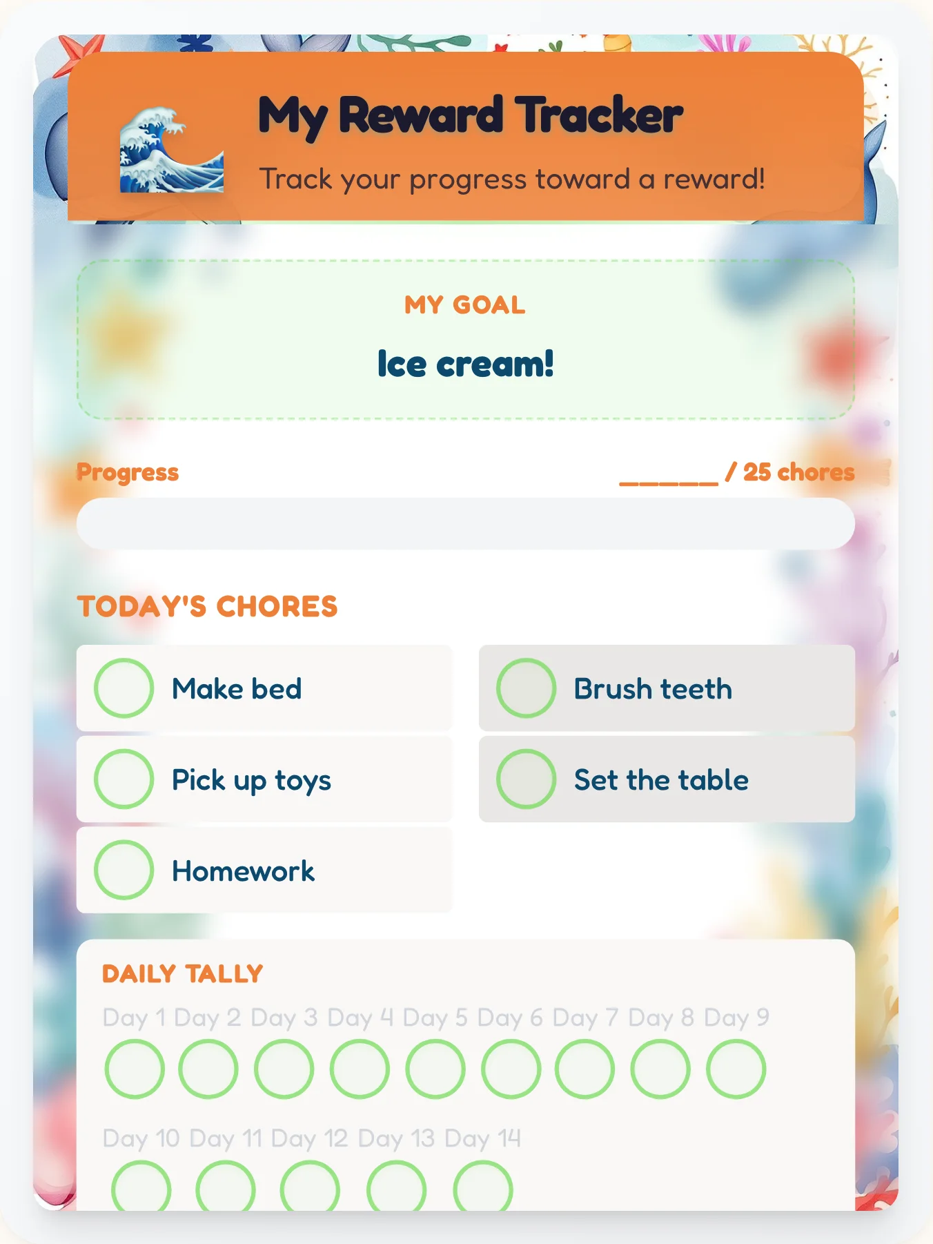 Fresh Ocean Goal Chart - printable ocean chore chart