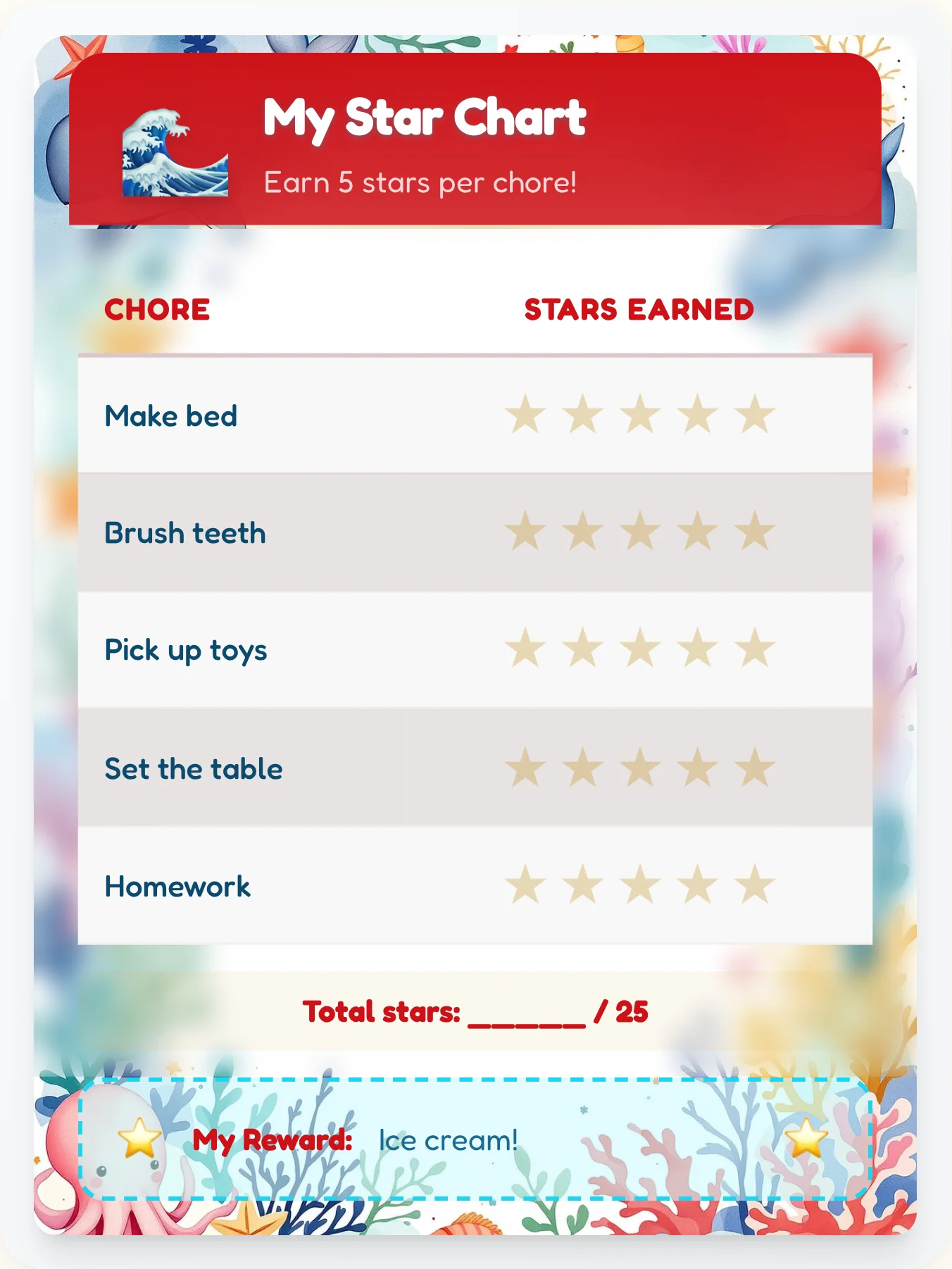 Glossy Ocean Star Tracker - printable ocean chore chart