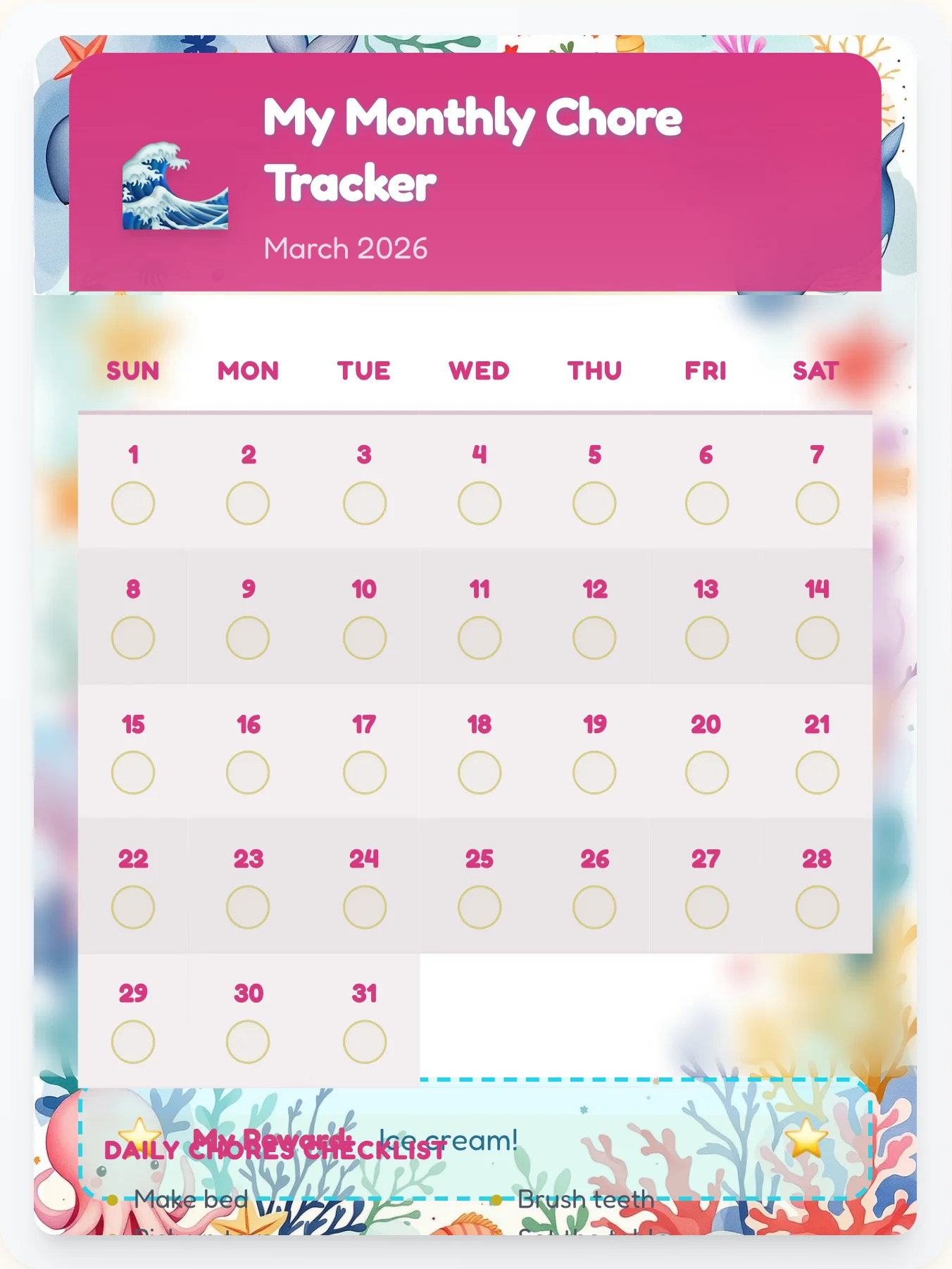Delicate Ocean Monthly Grid - printable ocean chore chart