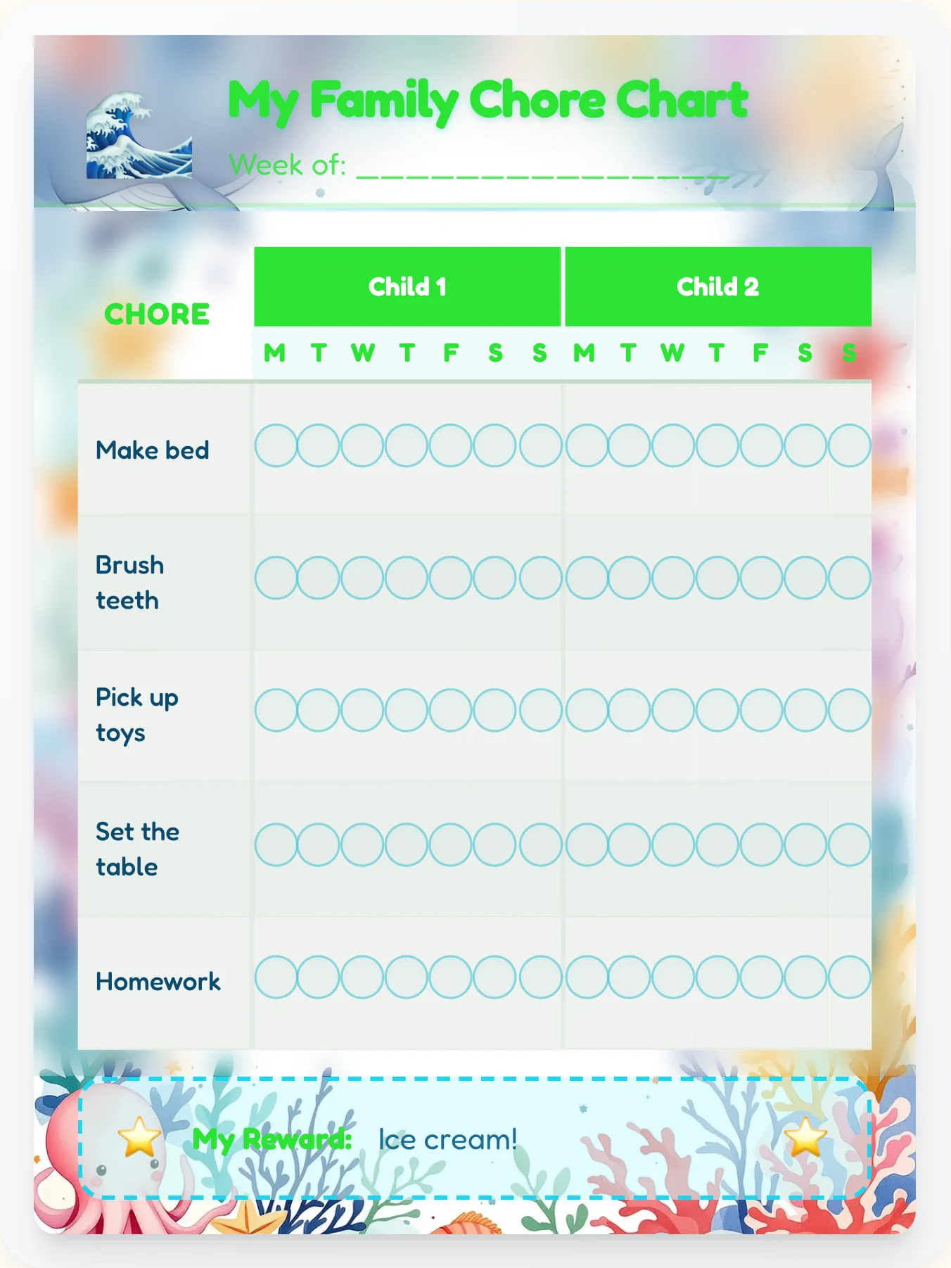 Vivid Ocean Group Planner - printable ocean chore chart