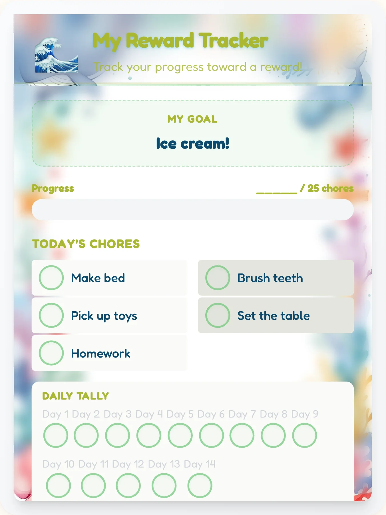 Misty Ocean Prize Chart - printable ocean chore chart