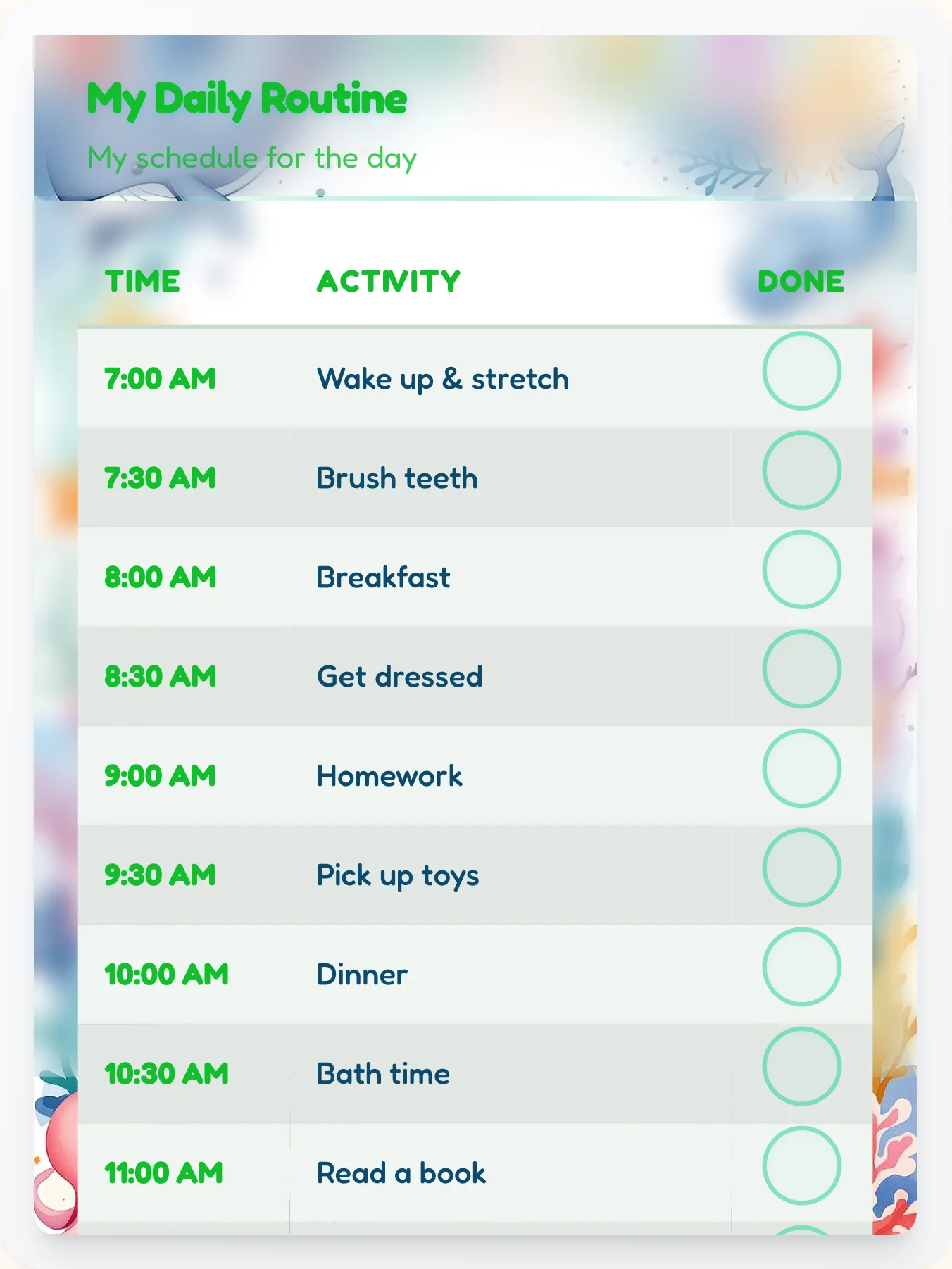 Warm Ocean Schedule Chart - printable ocean chore chart