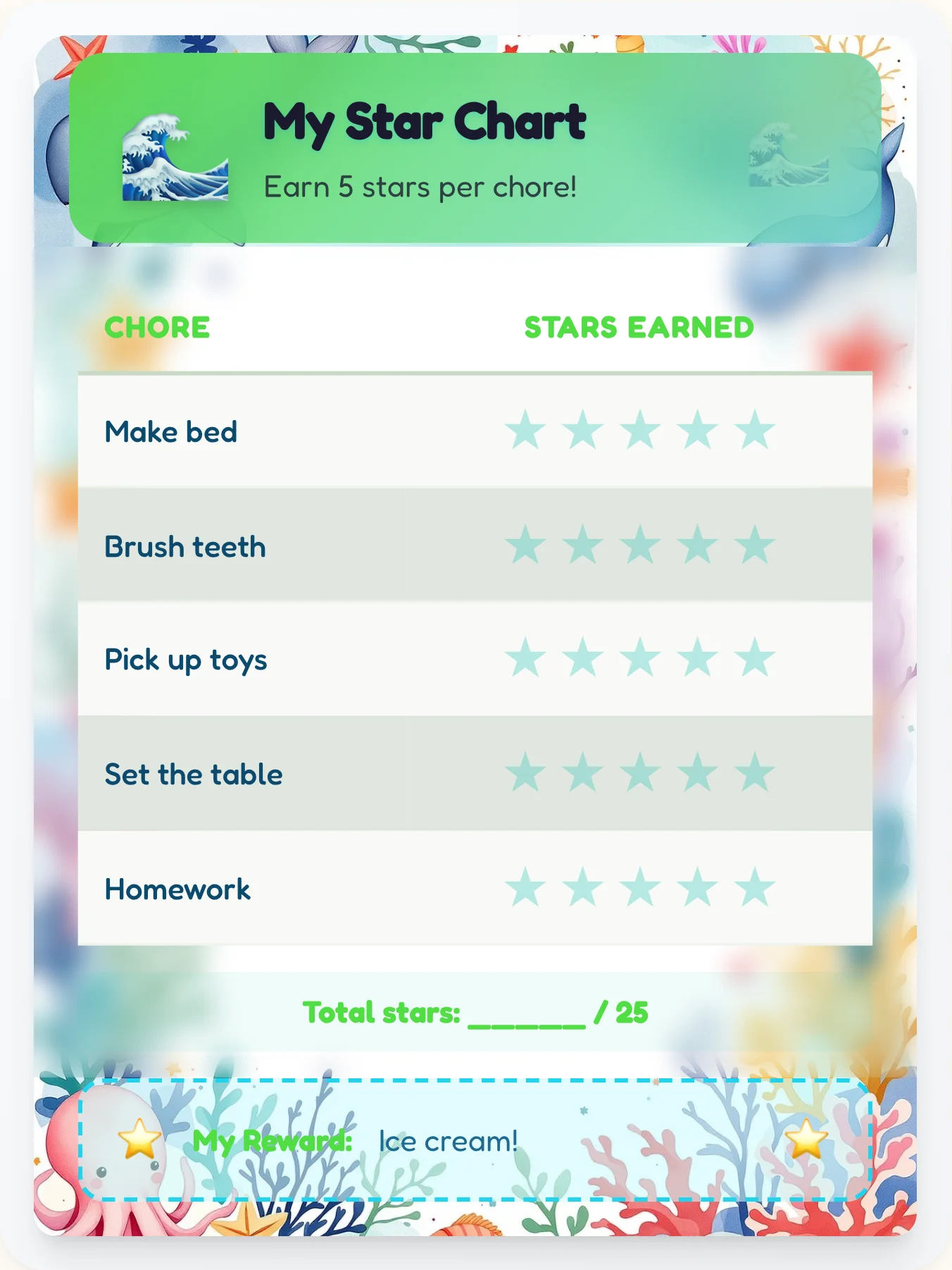 Tender Ocean Gold Stars - printable ocean chore chart
