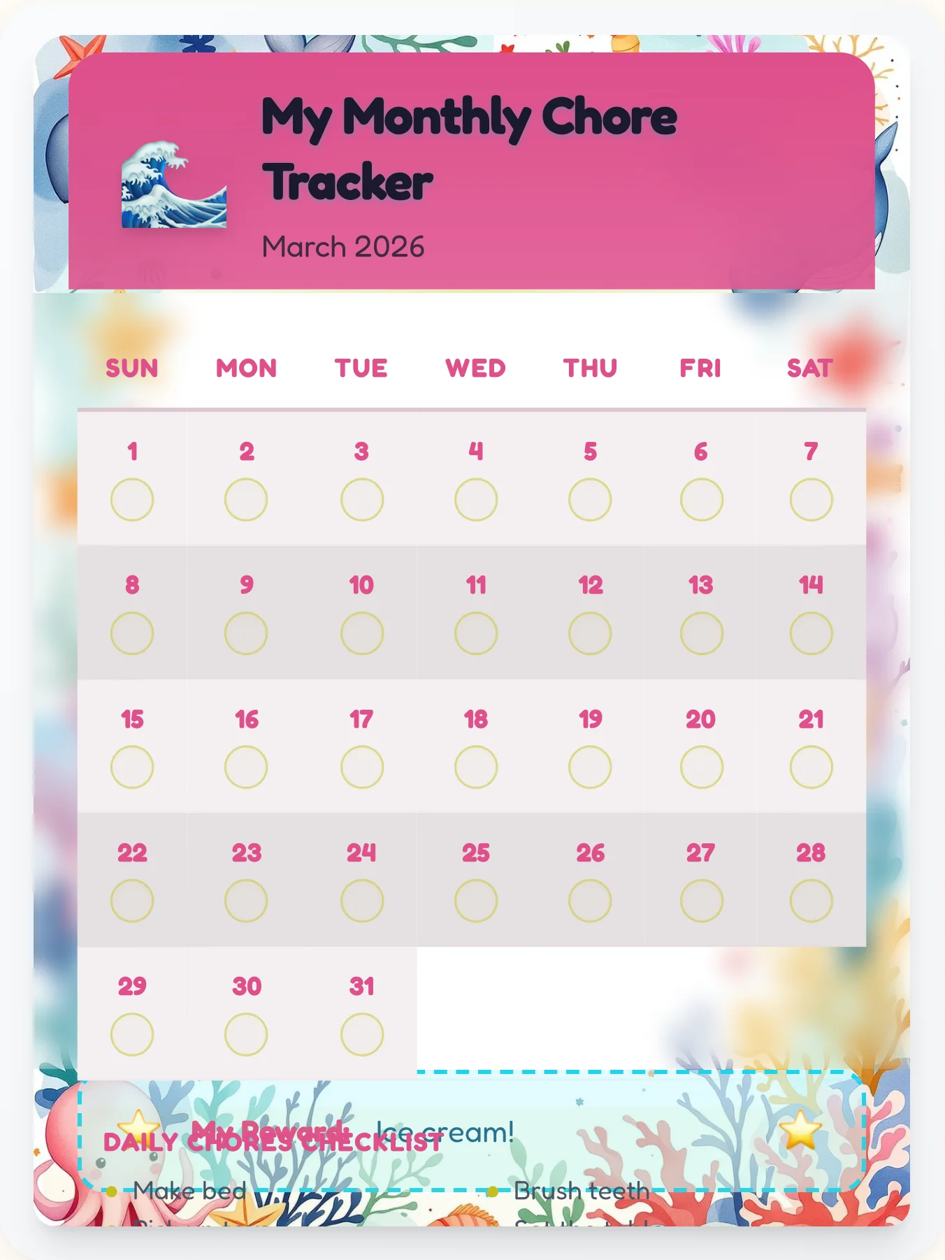 Delicate Ocean Monthly Grid - printable ocean chore chart