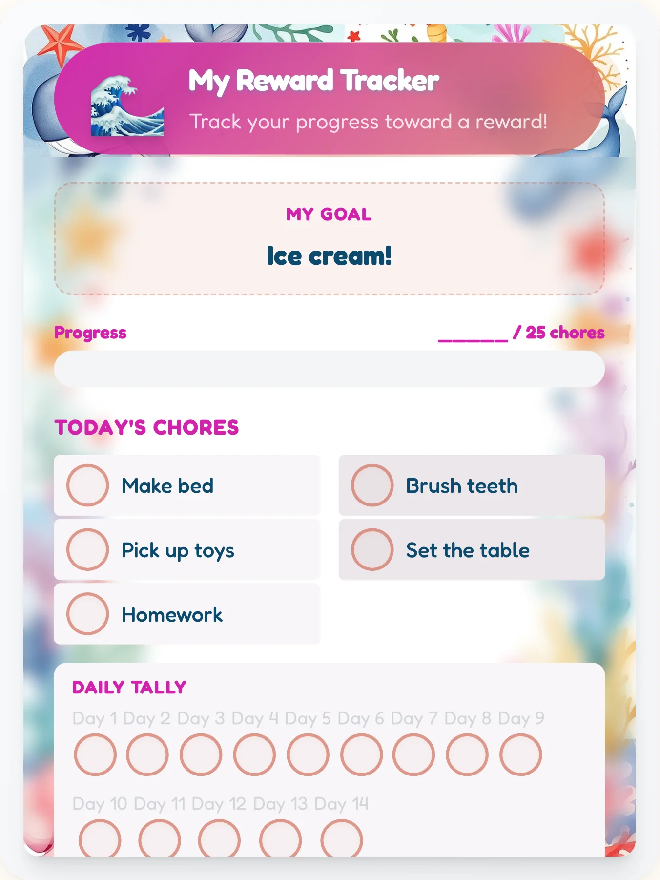 Bold Ocean Achievement Board - printable ocean chore chart