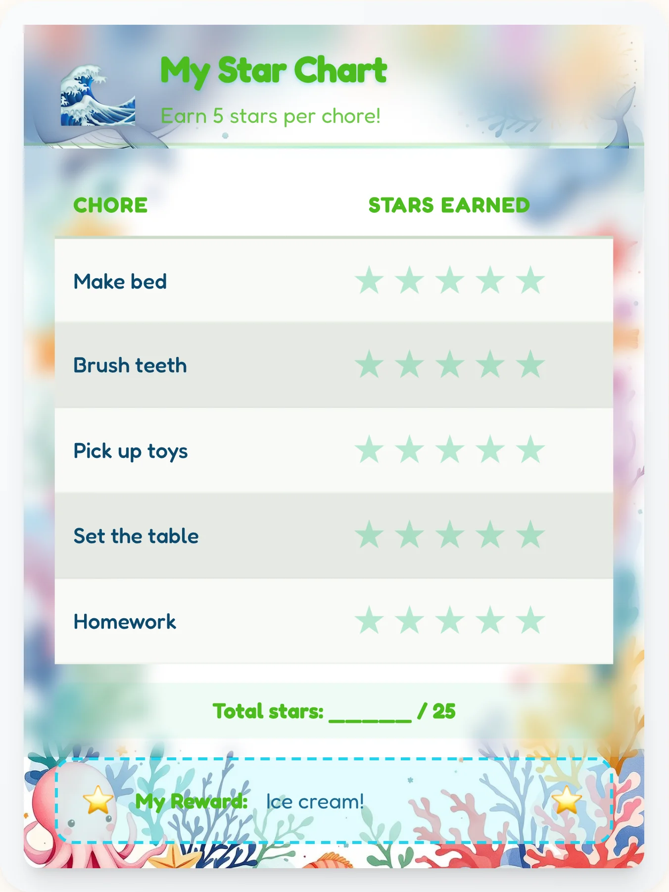Radiant Ocean Star Rewards - printable ocean chore chart