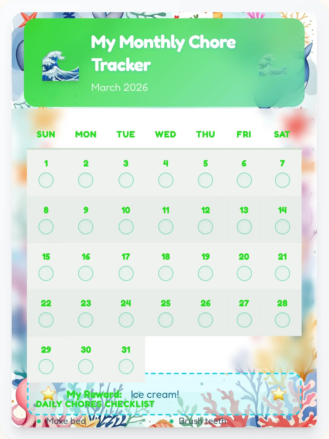 Tender Ocean Monthly Grid - printable ocean chore chart