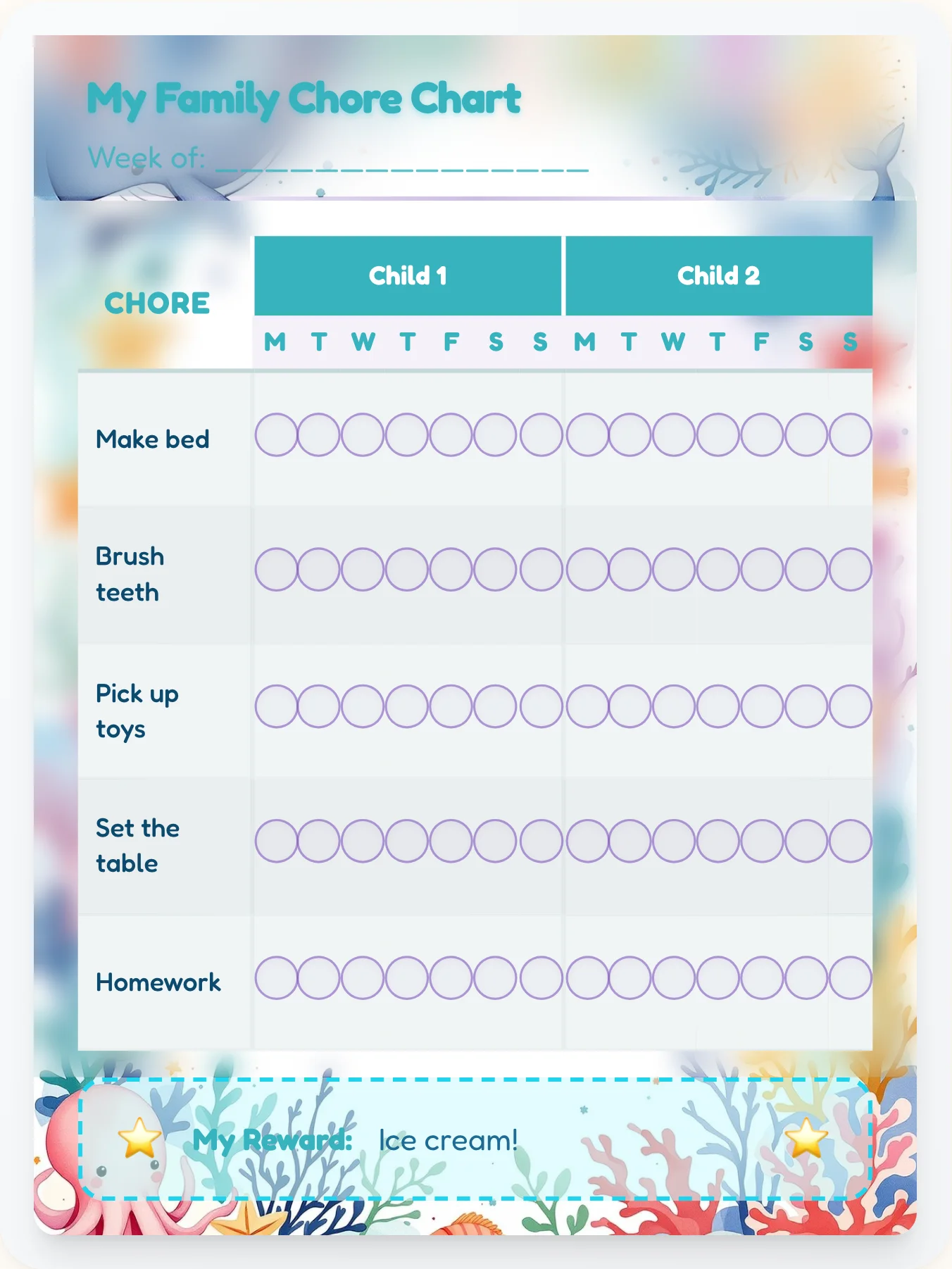 Harmony Ocean Family Chart - printable ocean chore chart