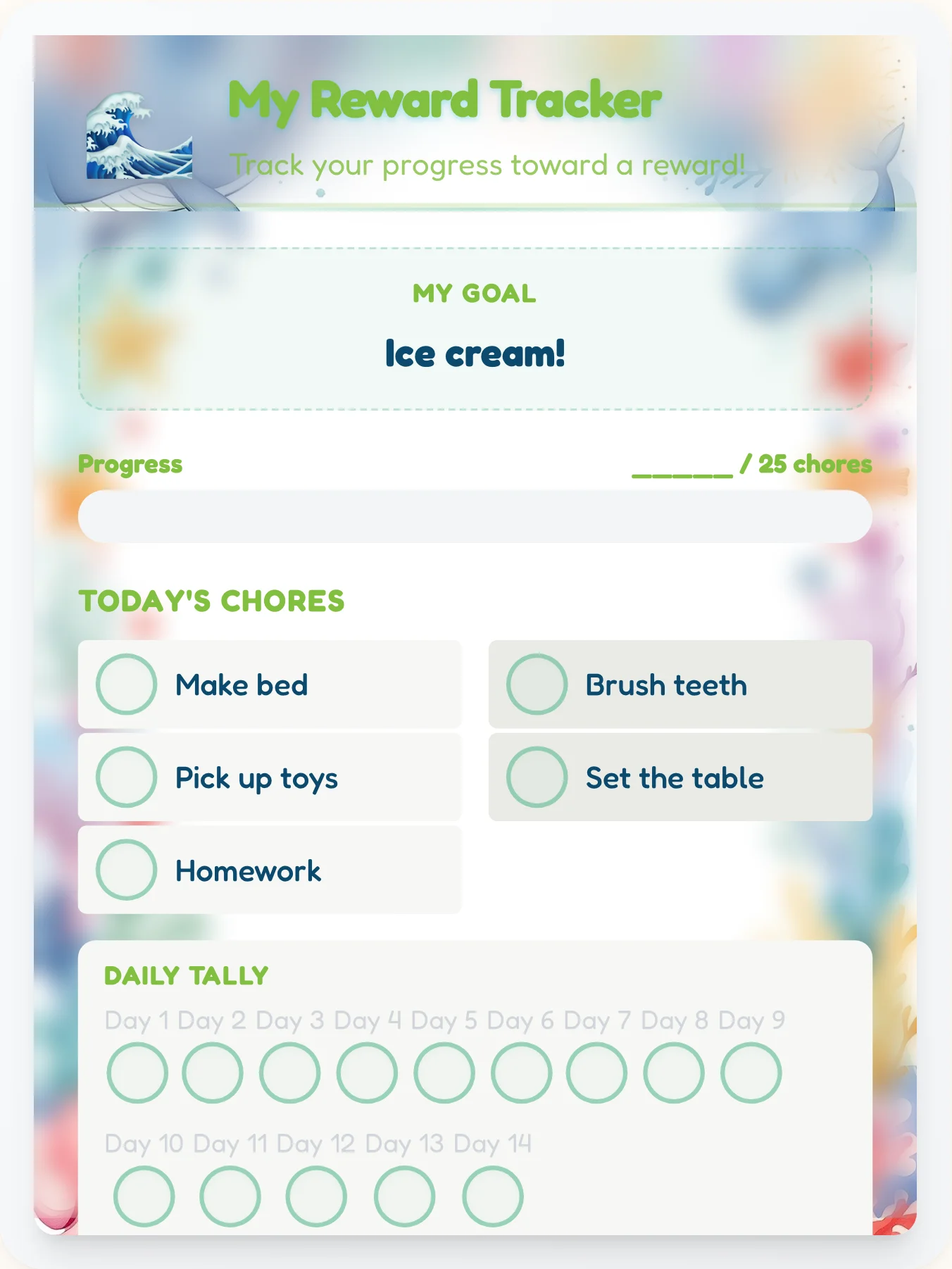 Quiet Ocean Reward Board - printable ocean chore chart