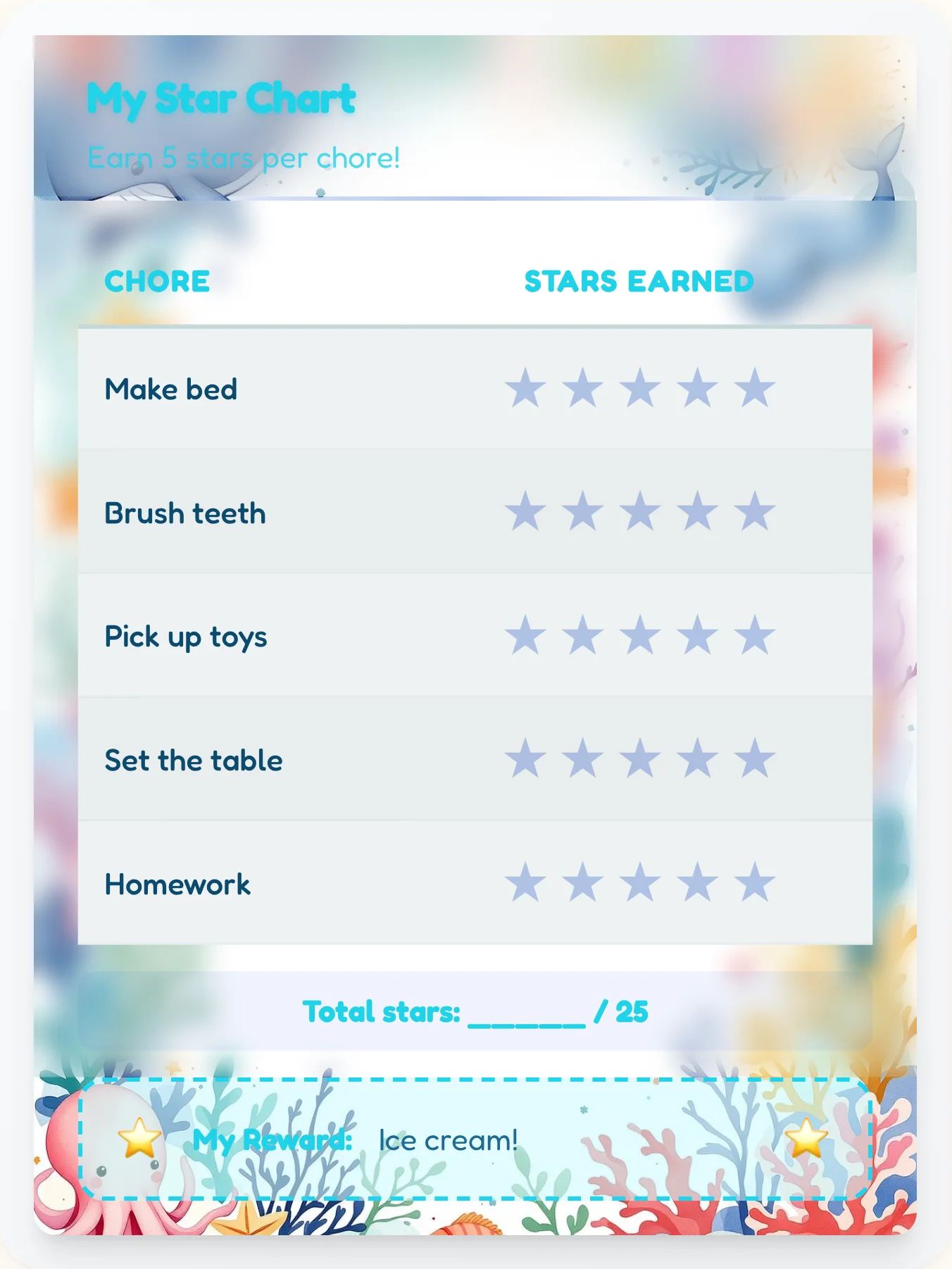 Harmony Ocean Star Rewards - printable ocean chore chart