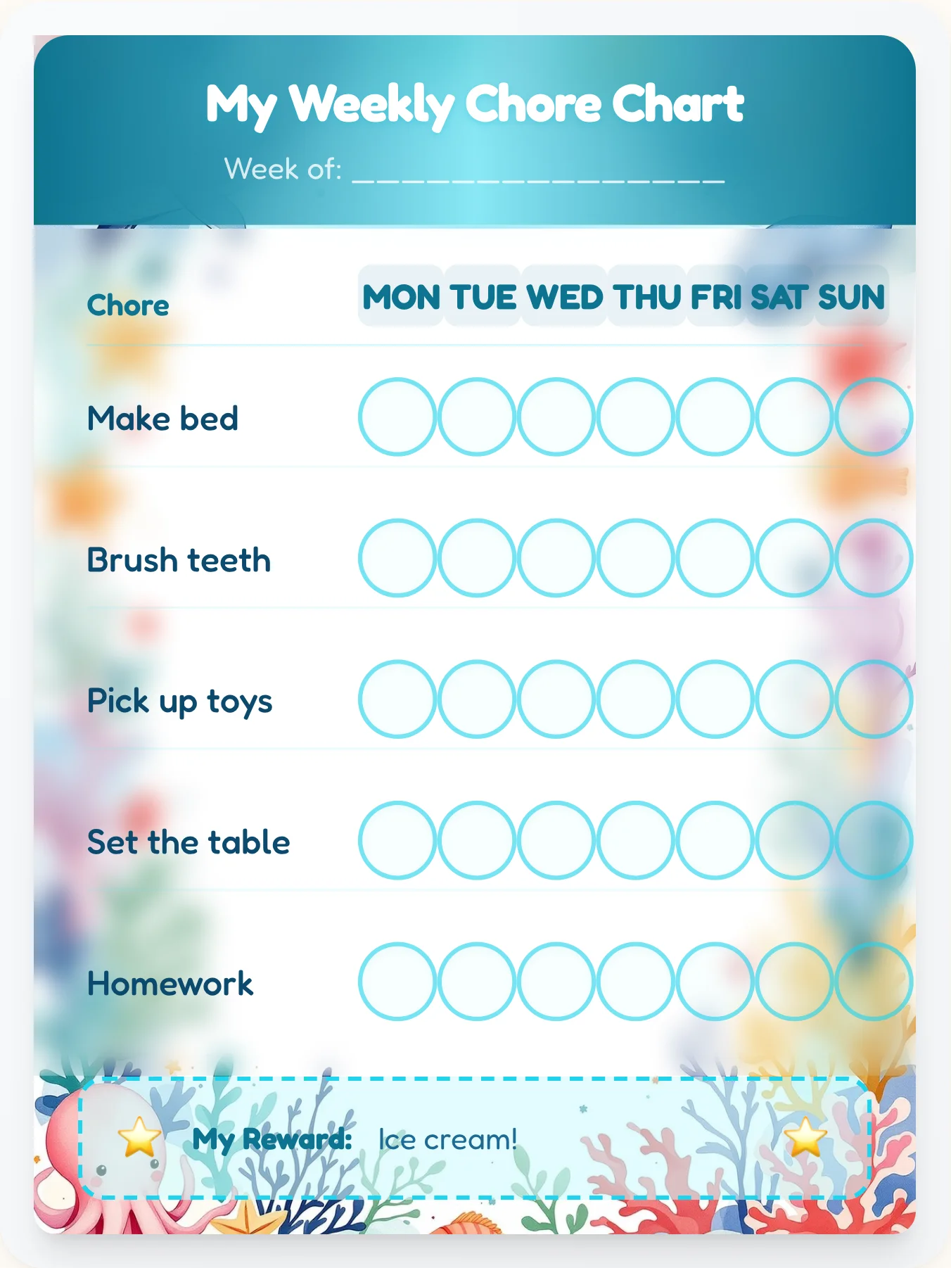 Ocean Chore Chart - printable ocean chore chart