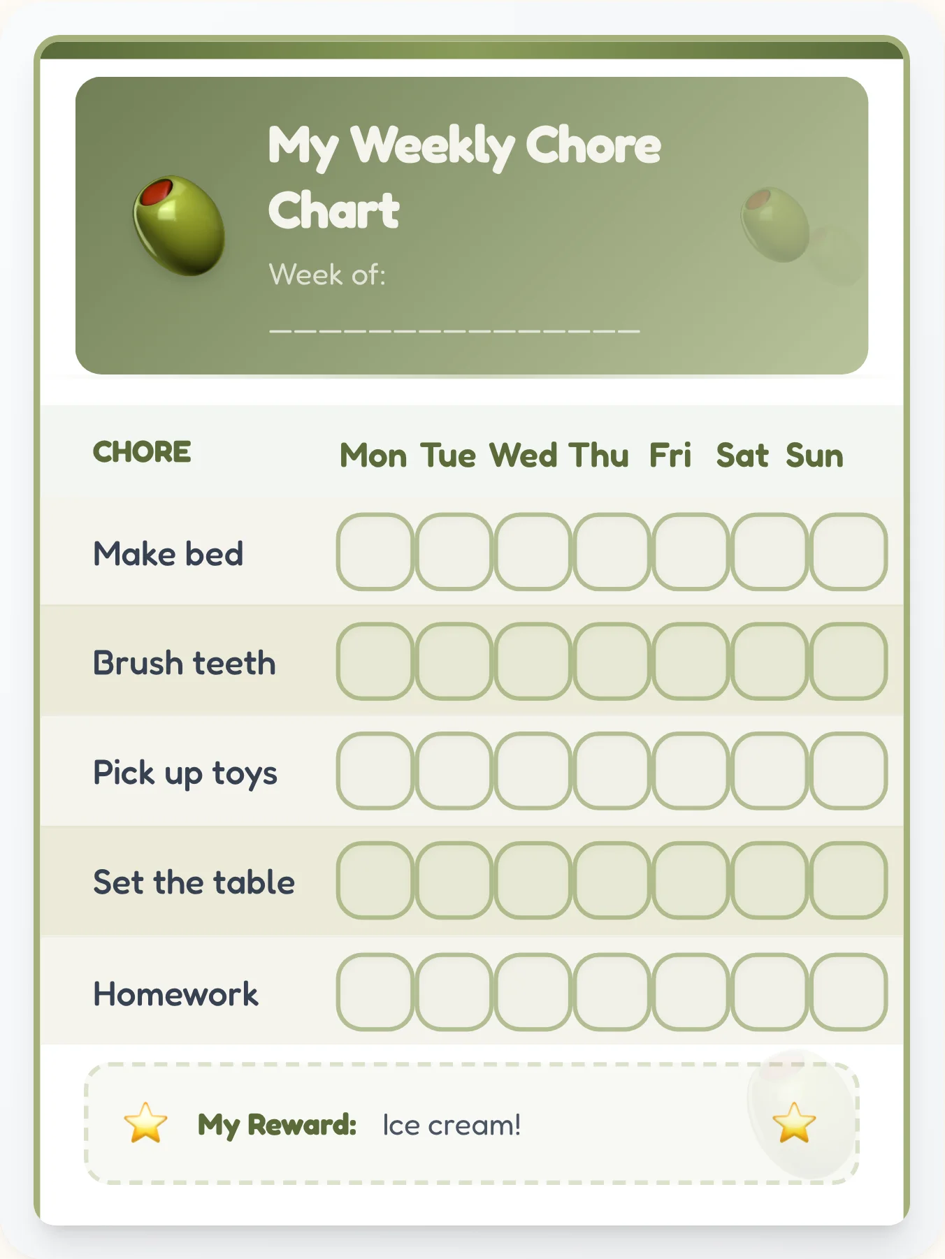 Olive Classic Chore Chart - printable olive chore chart
