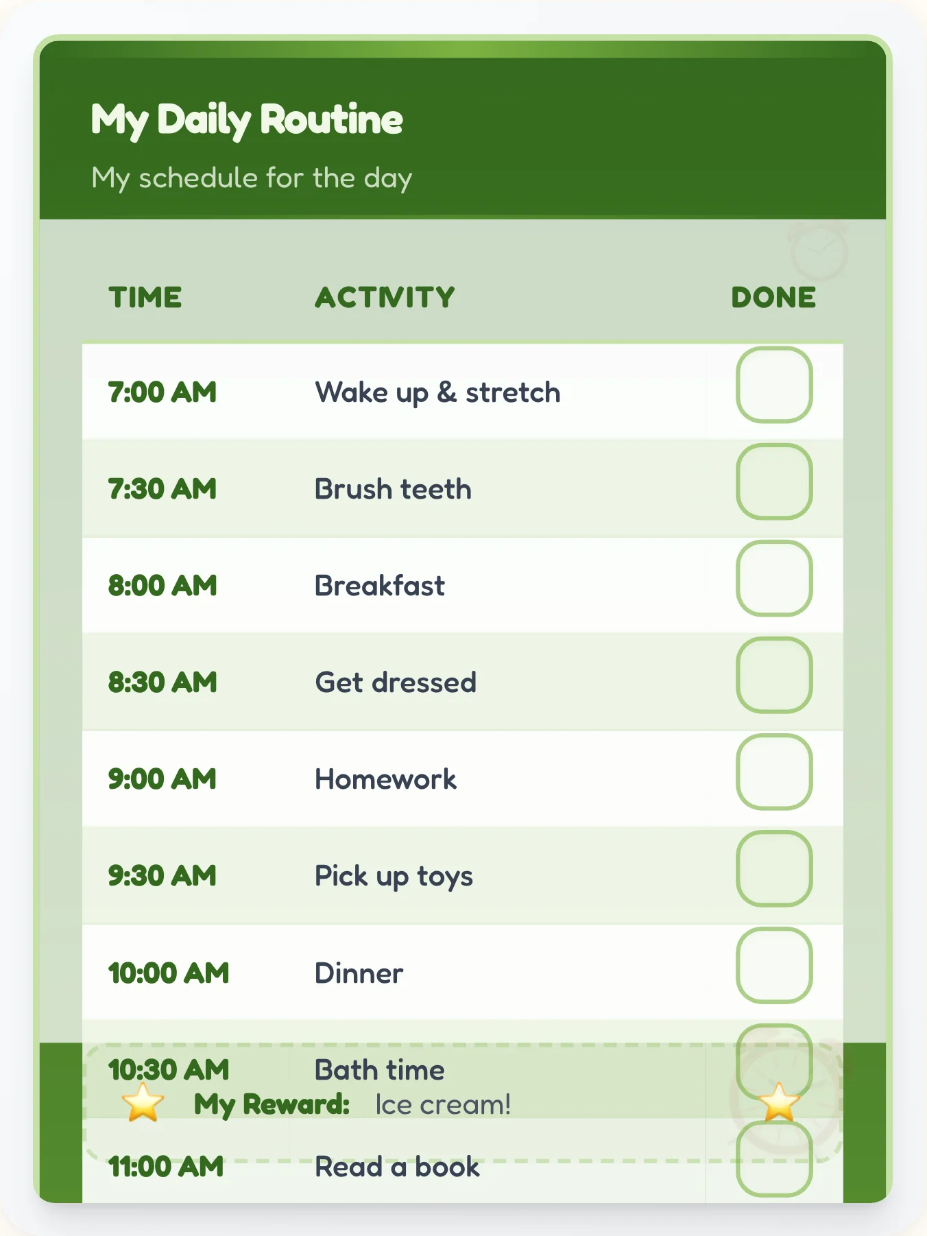 Olive Green Office Routine Schedule - printable professional chore chart