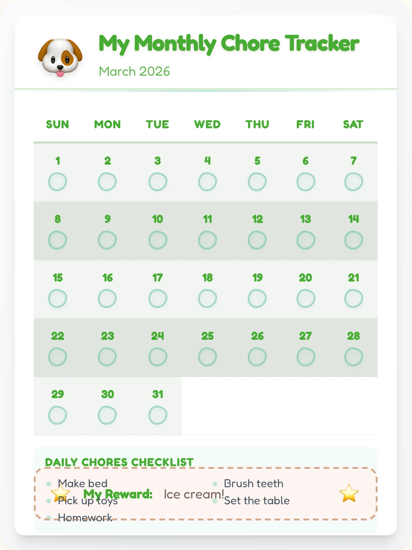 Sunny Pets Monthly Planner - printable pets chore chart