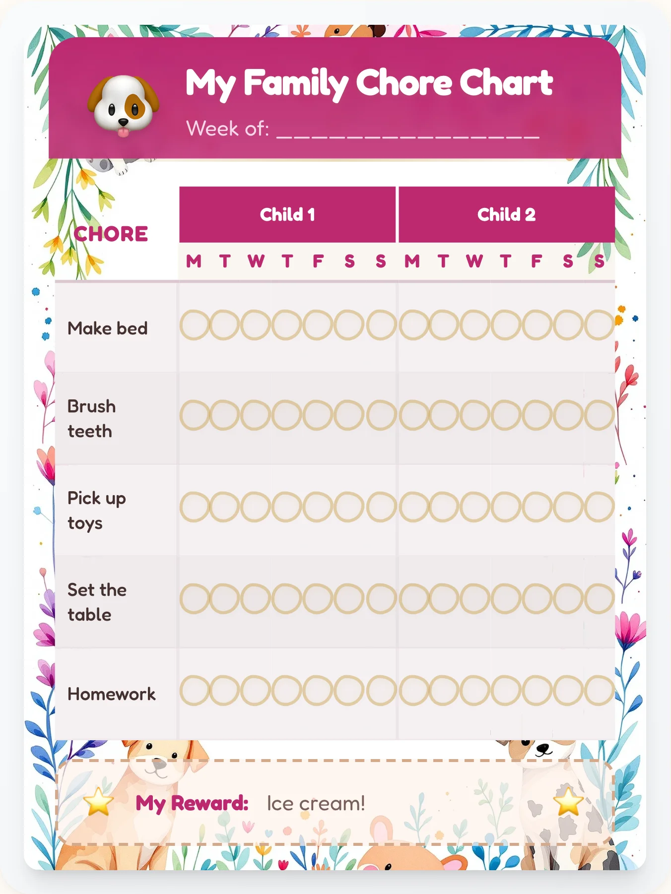 Delicate Pets Multi-Kid Tracker - printable pets chore chart