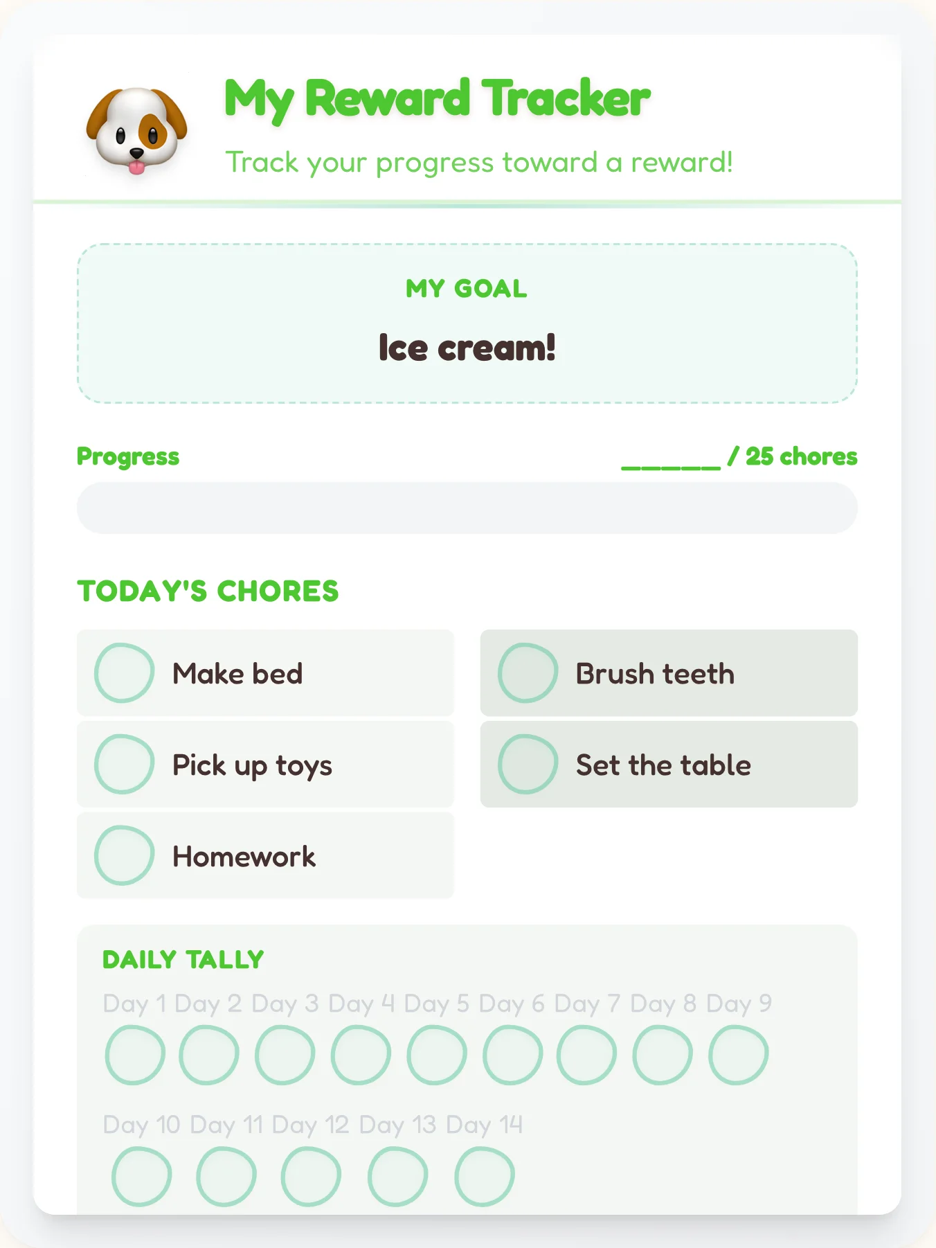Sunny Pets Points Tracker - printable pets chore chart
