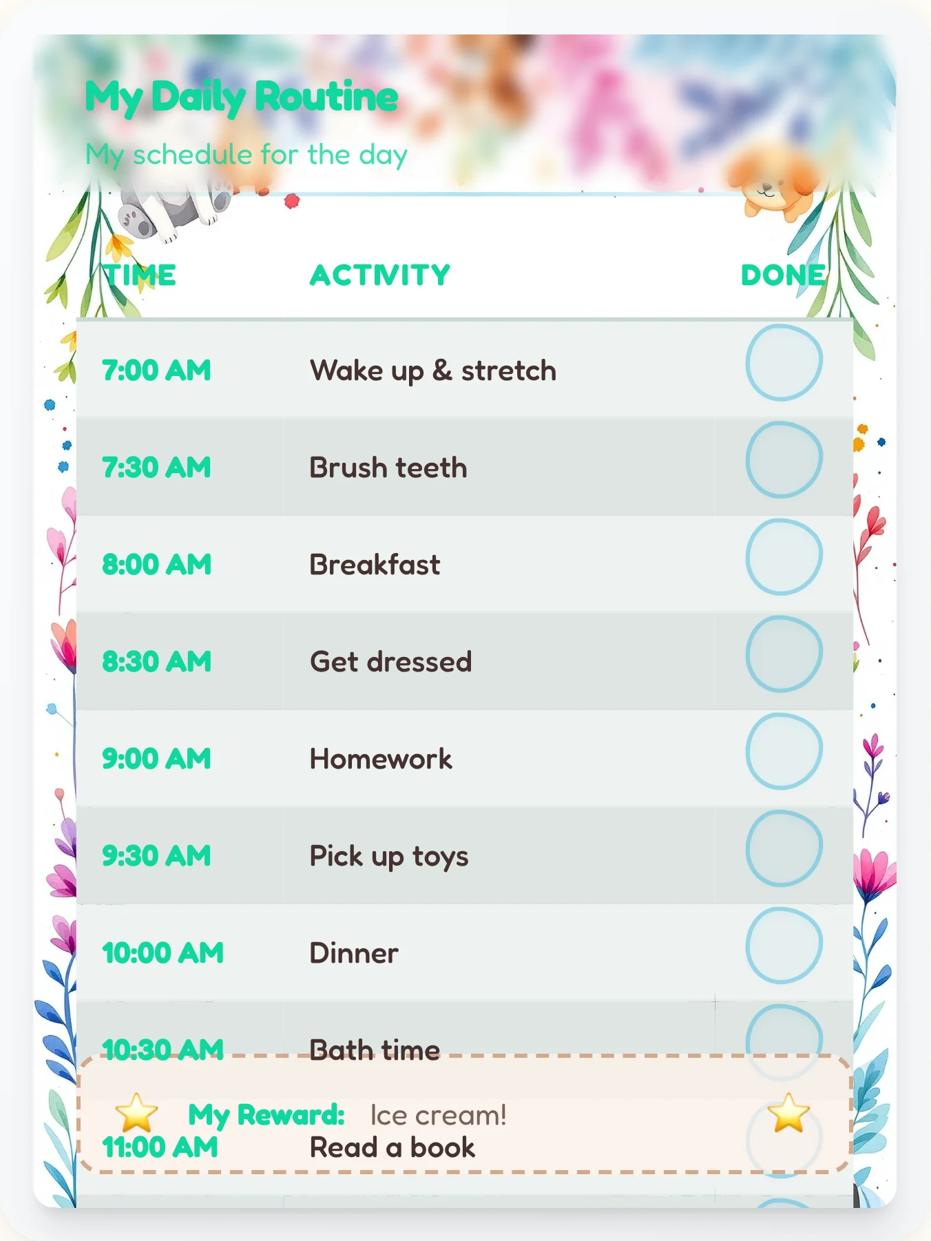 Enchanted Pets Daily Routine - printable pets chore chart
