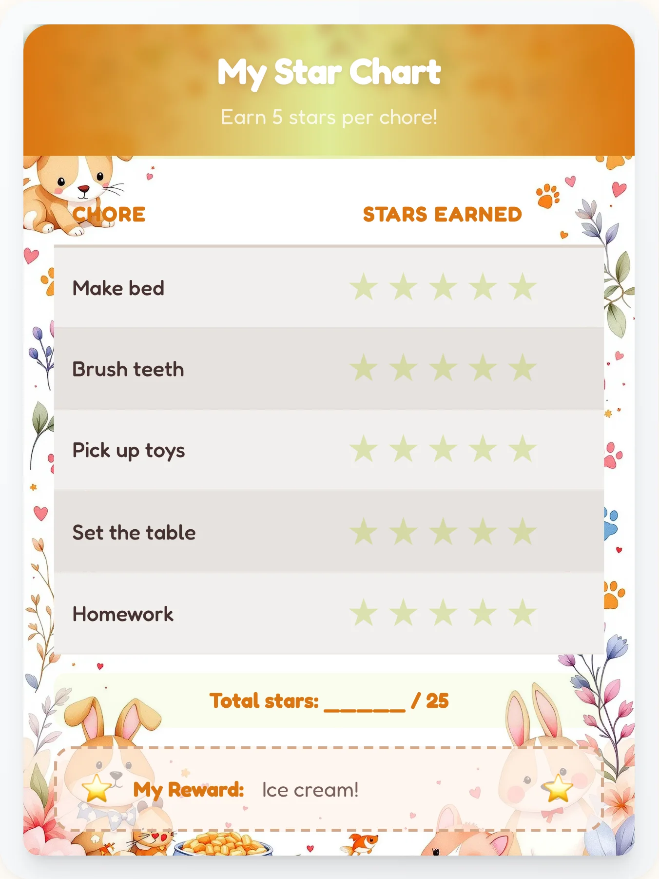 Fresh Pets Star Chart - printable pets chore chart