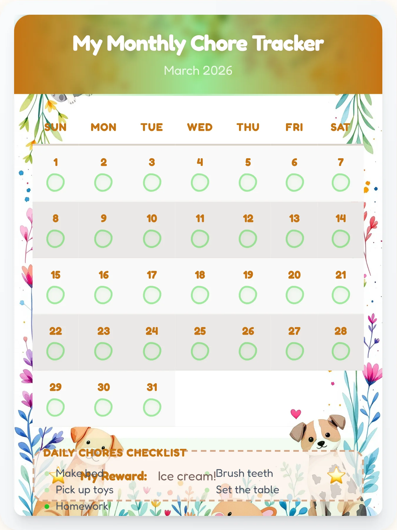Golden Pets Month View - printable pets chore chart