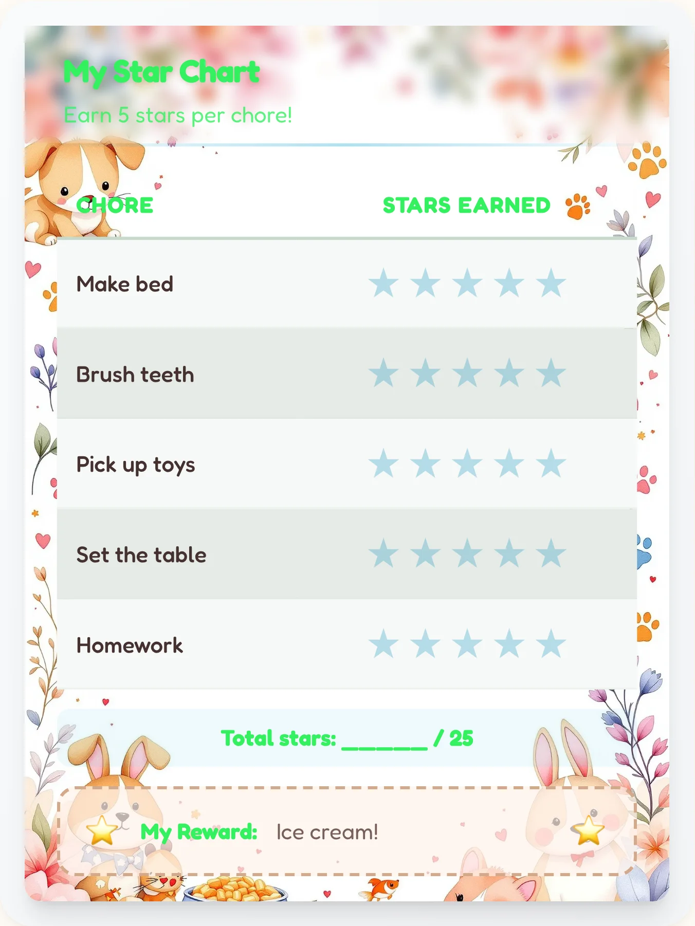 Warm Pets Gold Stars - printable pets chore chart